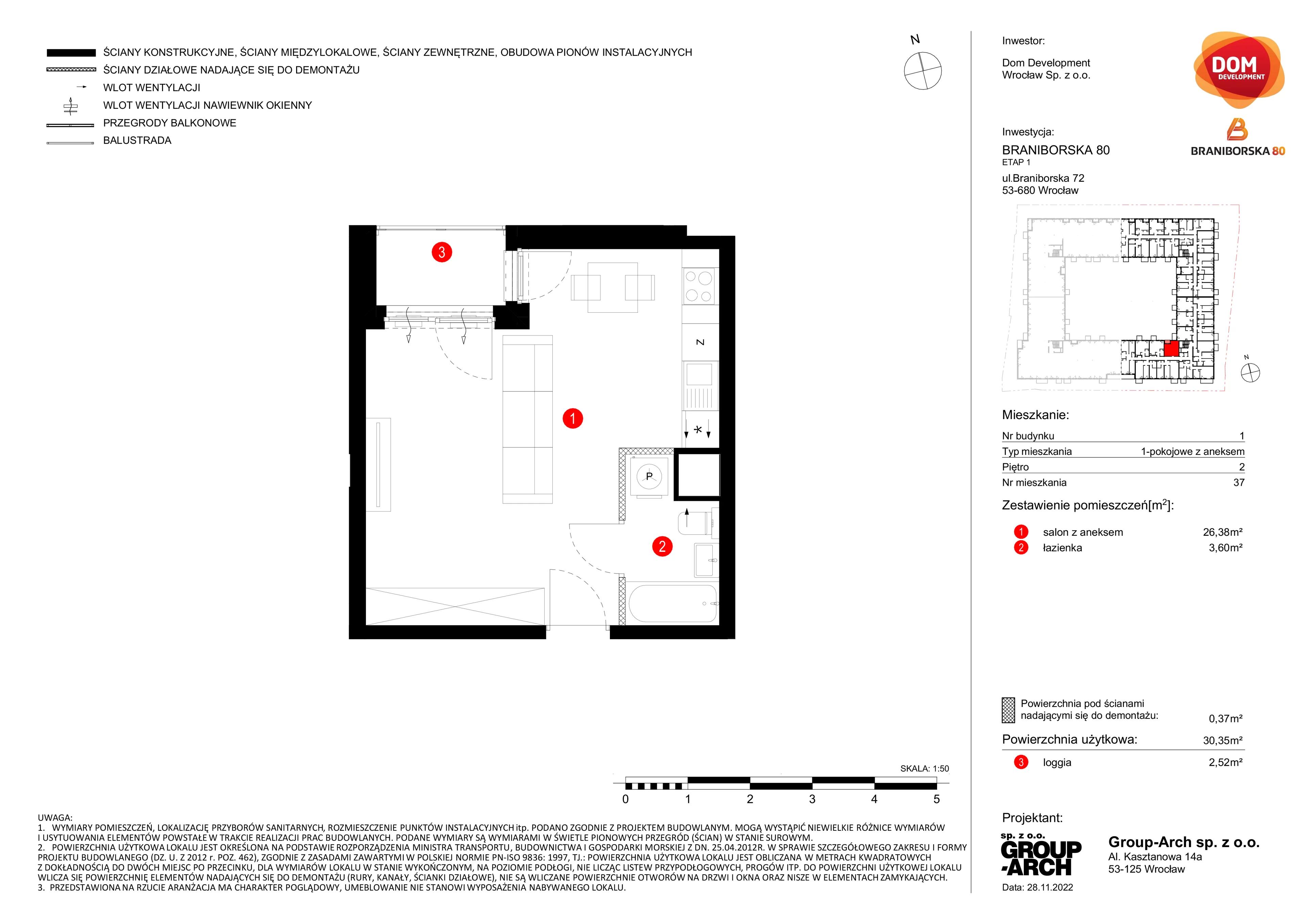 1 pokój, mieszkanie 30,35 m², piętro 2, oferta nr A/37, Braniborska 80, Wrocław, Stare Miasto, ul. Braniborska 80