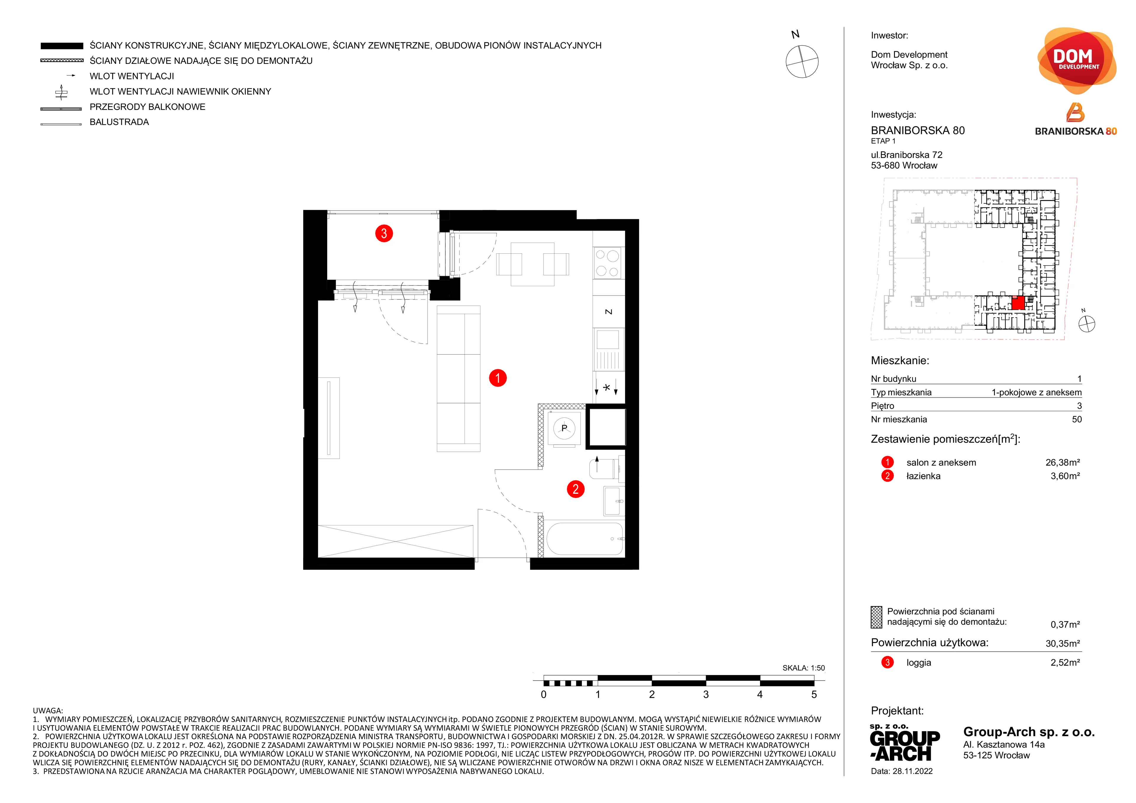 1 pokój, mieszkanie 30,35 m², piętro 3, oferta nr A/50, Braniborska 80, Wrocław, Stare Miasto, ul. Braniborska 80