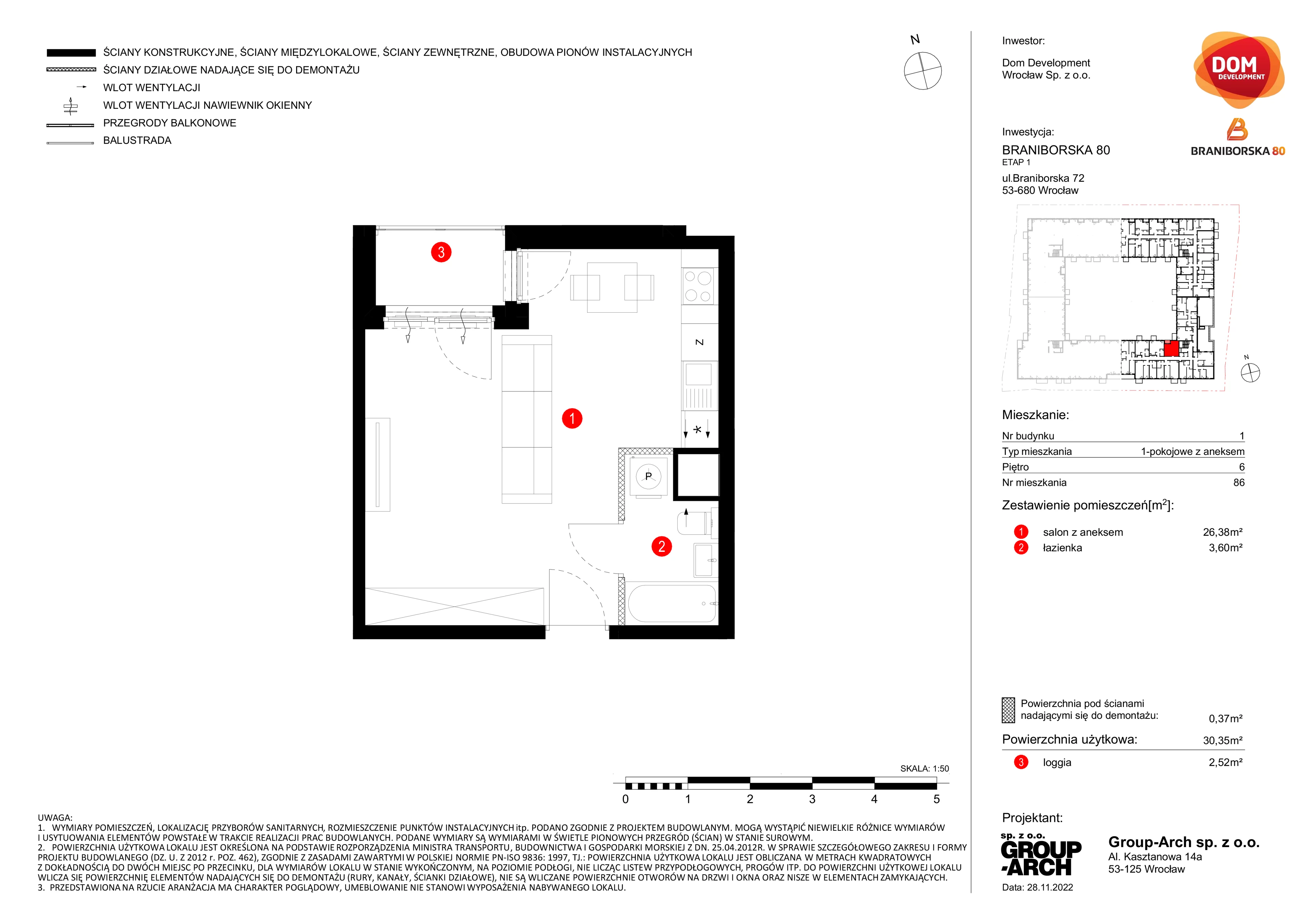 1 pokój, mieszkanie 30,35 m², piętro 6, oferta nr A/86, Braniborska 80, Wrocław, Stare Miasto, ul. Braniborska 80