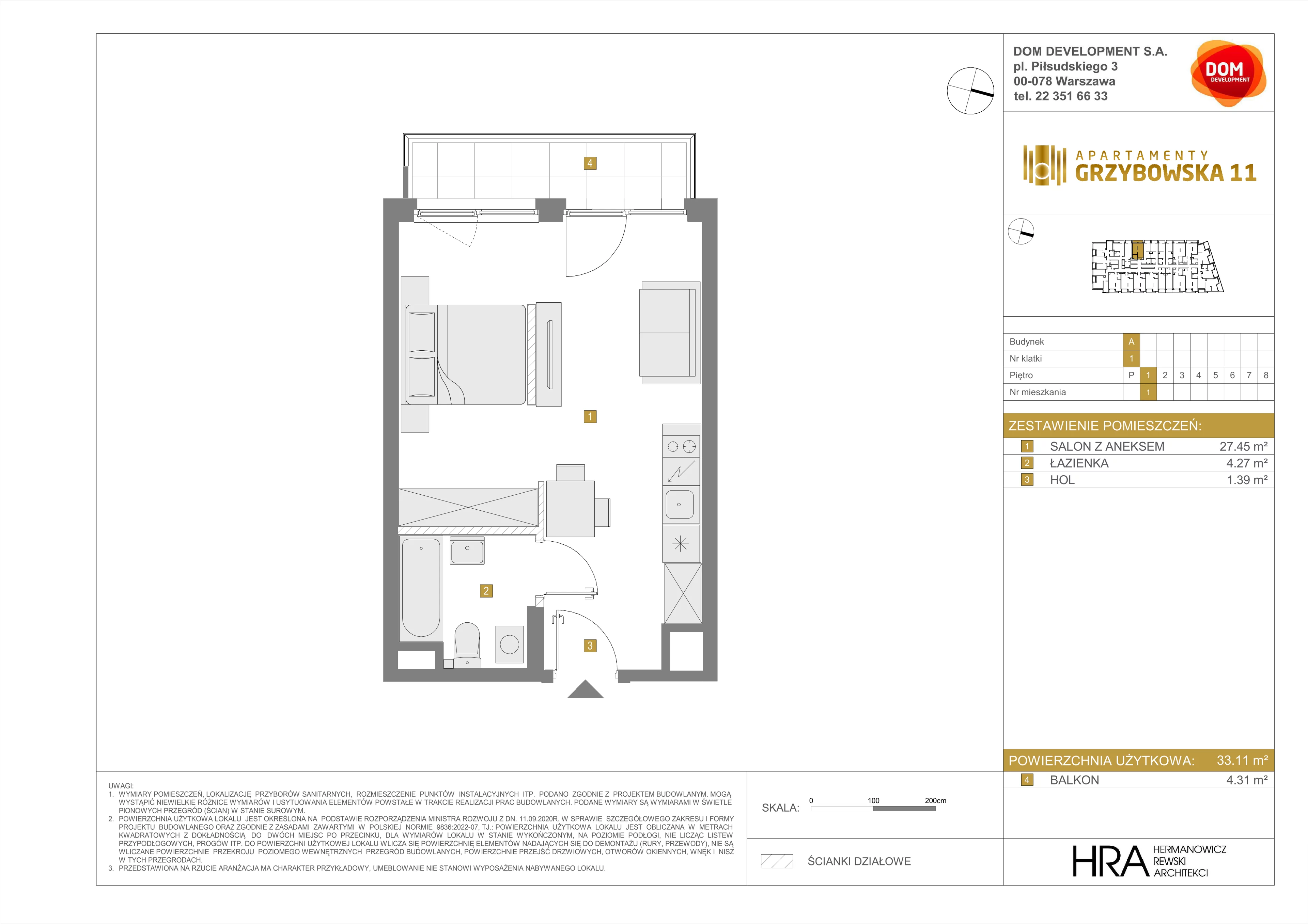 1 pokój, apartament 33,11 m², piętro 1, oferta nr A/1, Apartamenty Grzybowska 11, Warszawa, Śródmieście, Śródmieście Północne, ul. Grzybowska 11