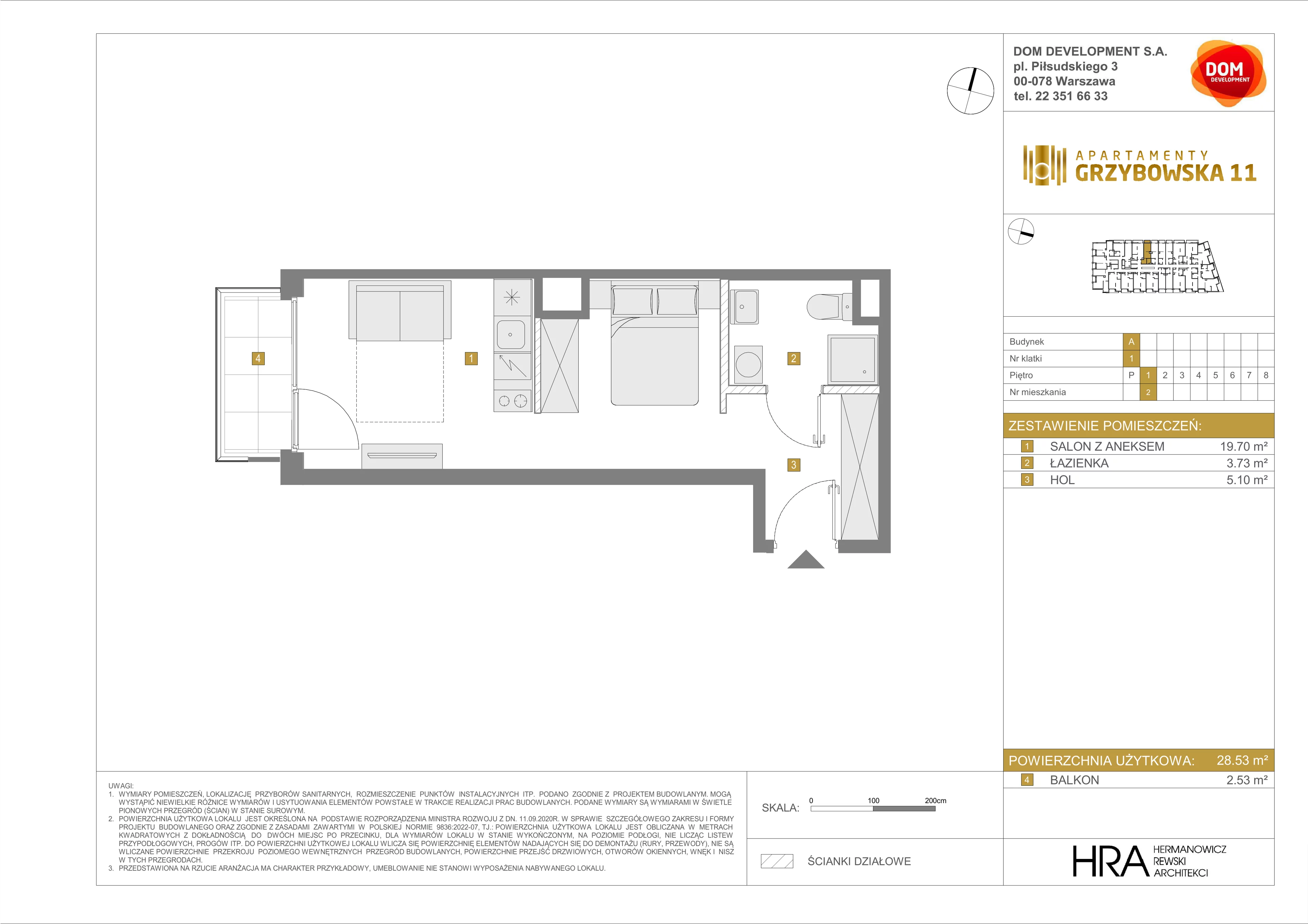1 pokój, apartament 28,53 m², piętro 1, oferta nr A/2, Apartamenty Grzybowska 11, Warszawa, Śródmieście, Śródmieście Północne, ul. Grzybowska 11