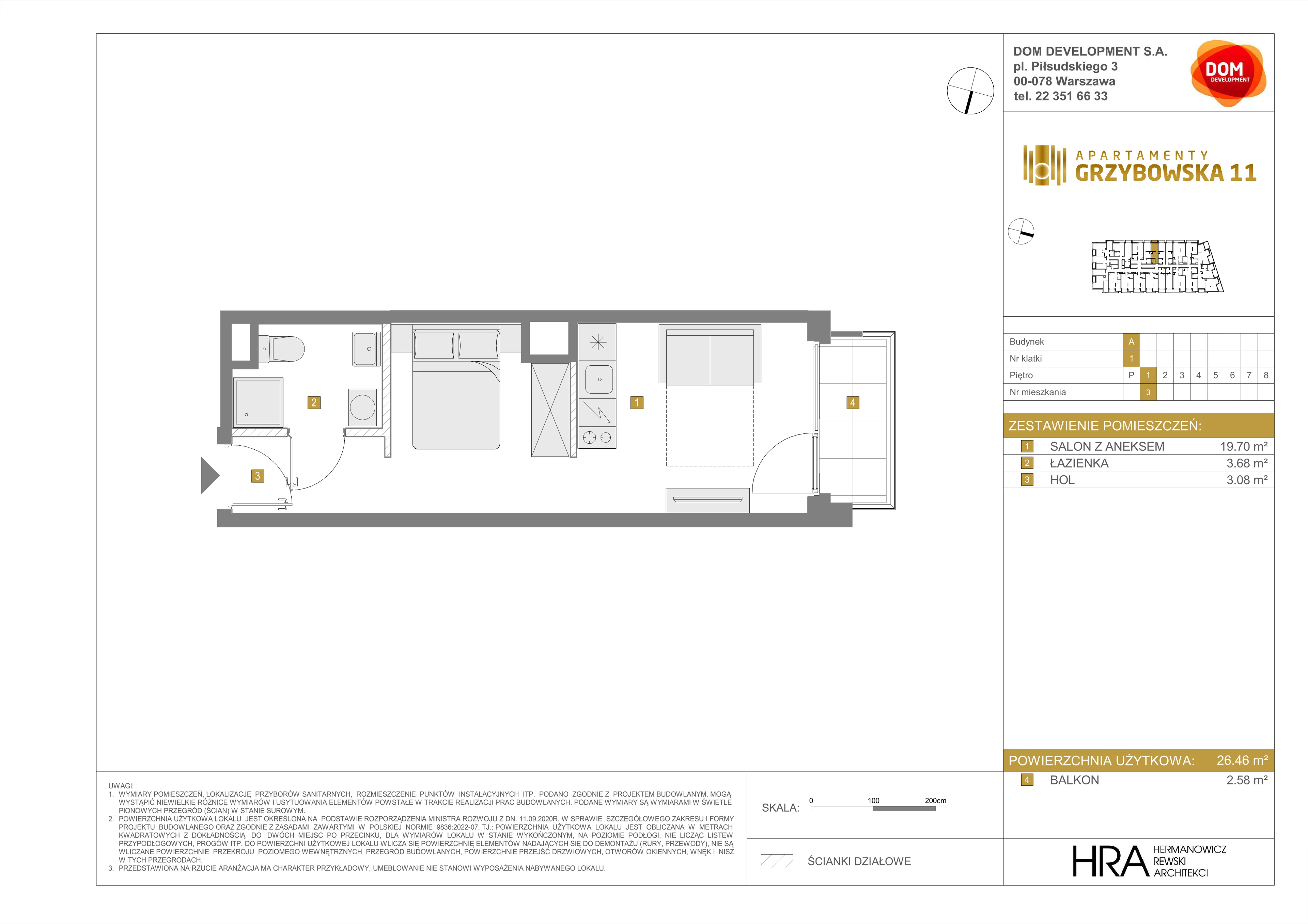 1 pokój, mieszkanie 26,46 m², piętro 1, oferta nr A/3, Apartamenty Grzybowska 11, Warszawa, Śródmieście, Śródmieście Północne, ul. Grzybowska 11