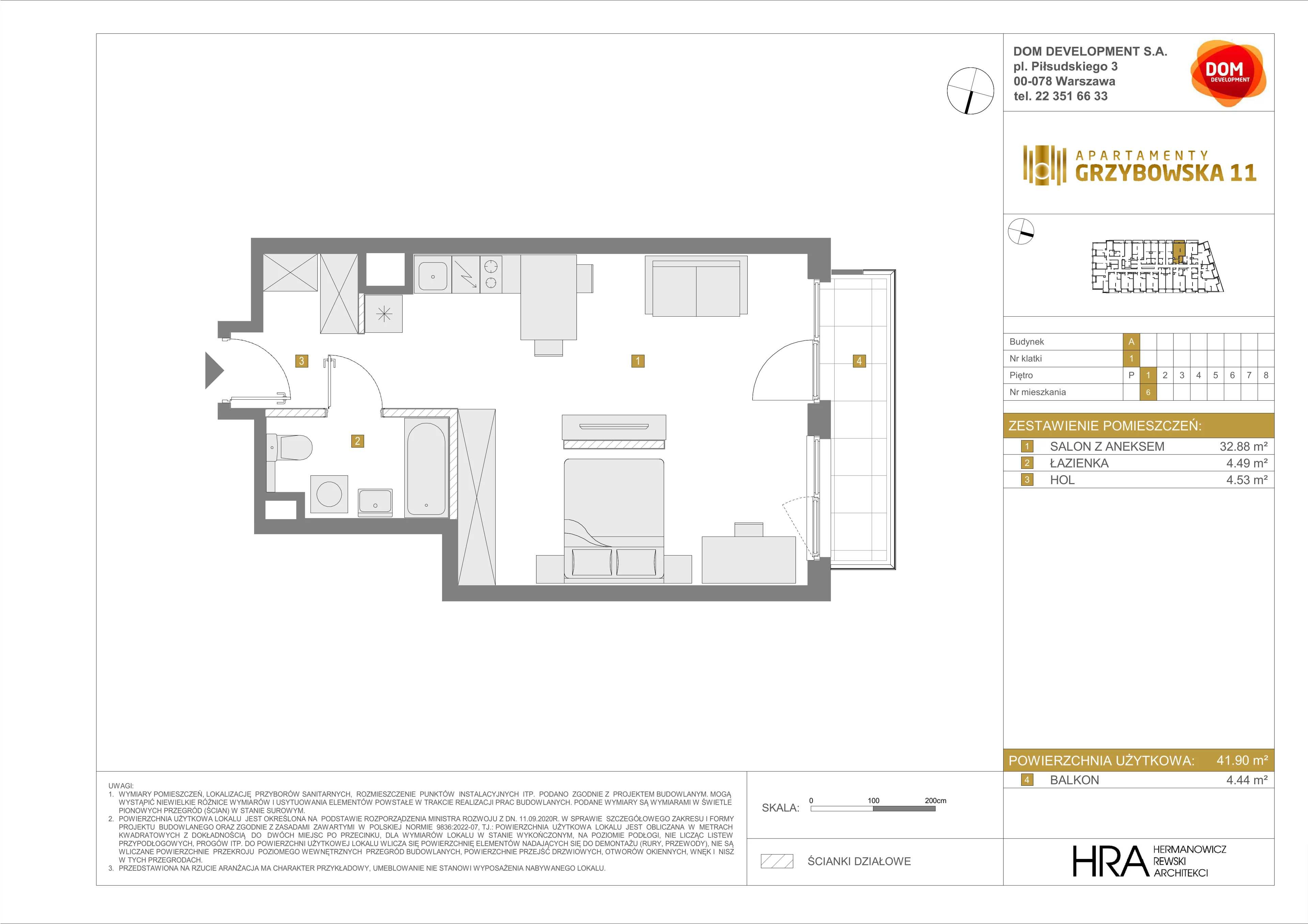 1 pokój, apartament 41,90 m², piętro 1, oferta nr A/6, Apartamenty Grzybowska 11, Warszawa, Śródmieście, Śródmieście Północne, ul. Grzybowska 11