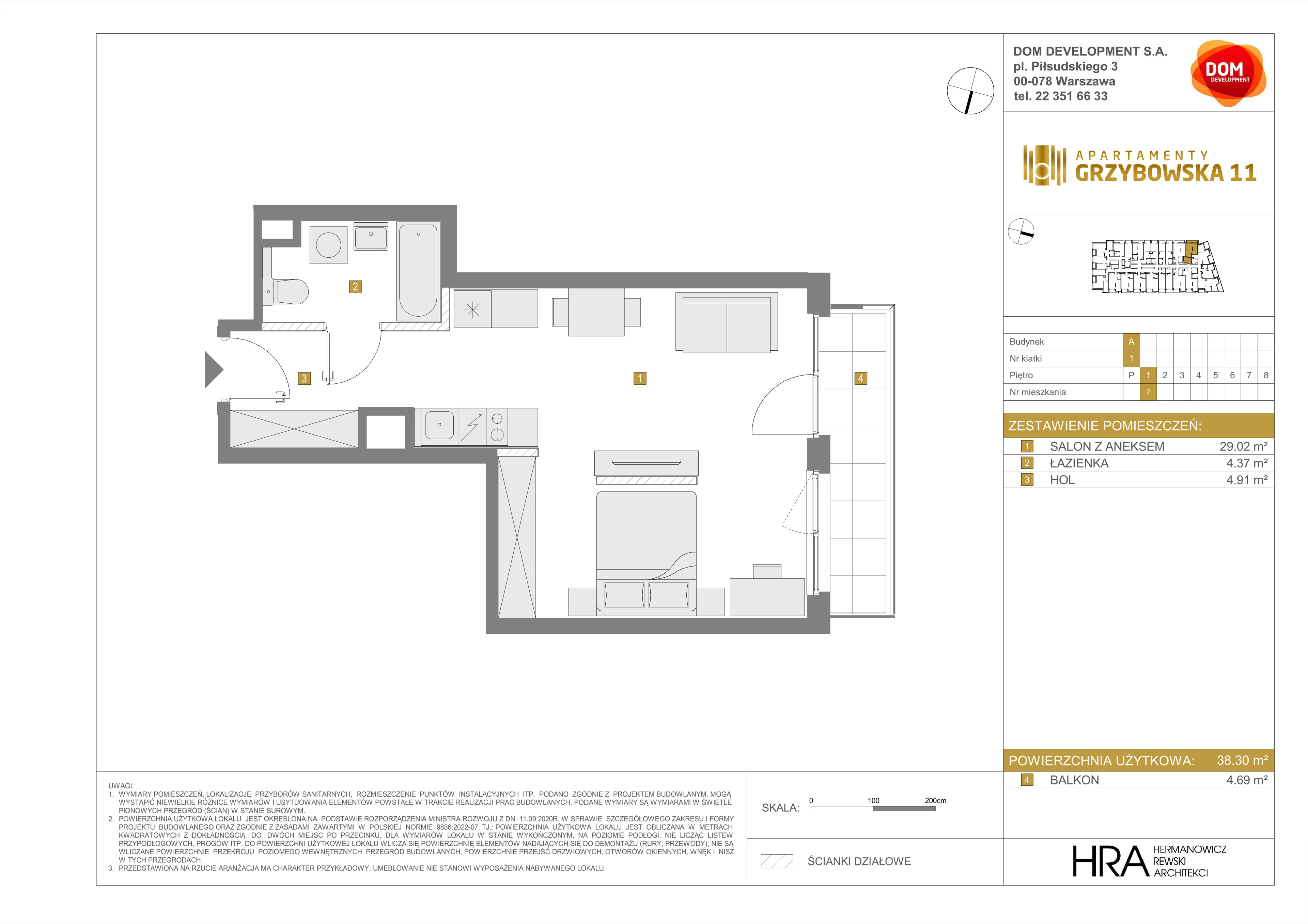1 pokój, apartament 38,30 m², piętro 1, oferta nr A/7, Apartamenty Grzybowska 11, Warszawa, Śródmieście, Śródmieście Północne, ul. Grzybowska 11