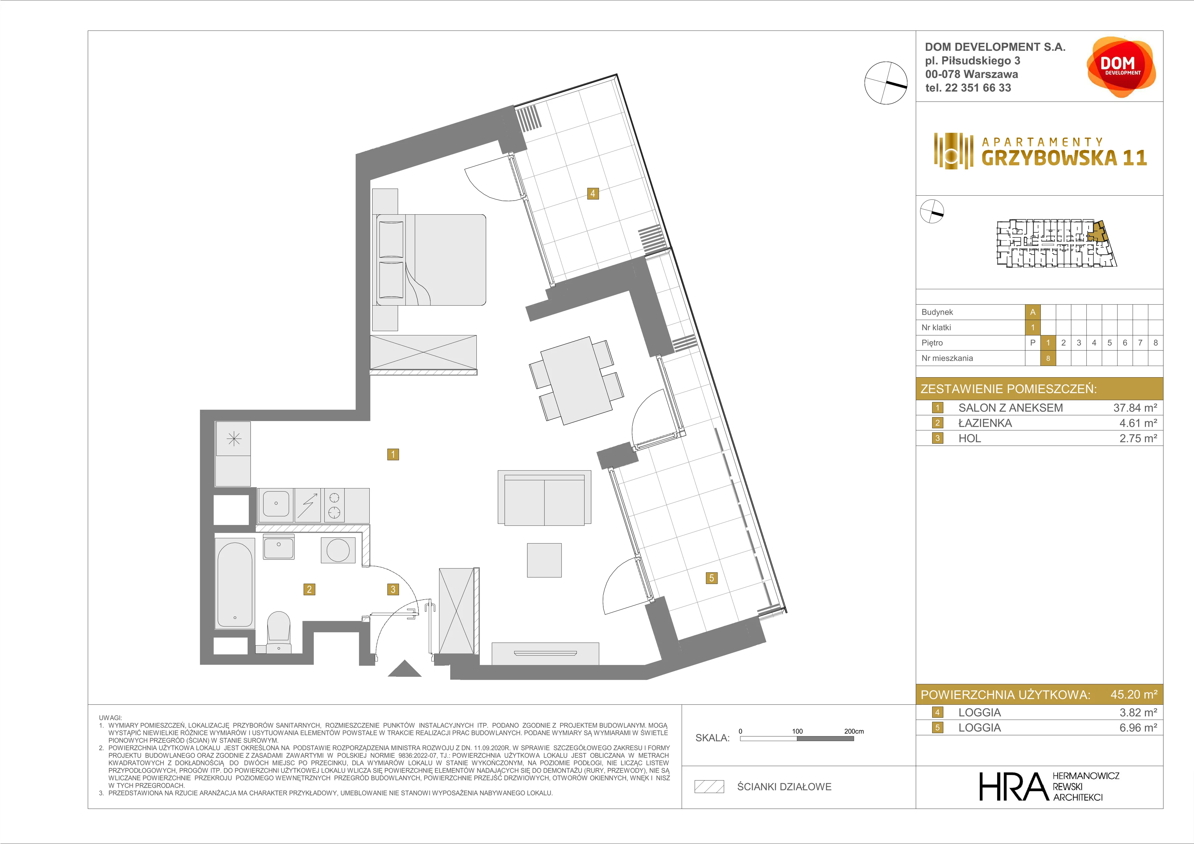 1 pokój, apartament 45,20 m², piętro 1, oferta nr A/8, Apartamenty Grzybowska 11, Warszawa, Śródmieście, Śródmieście Północne, ul. Grzybowska 11