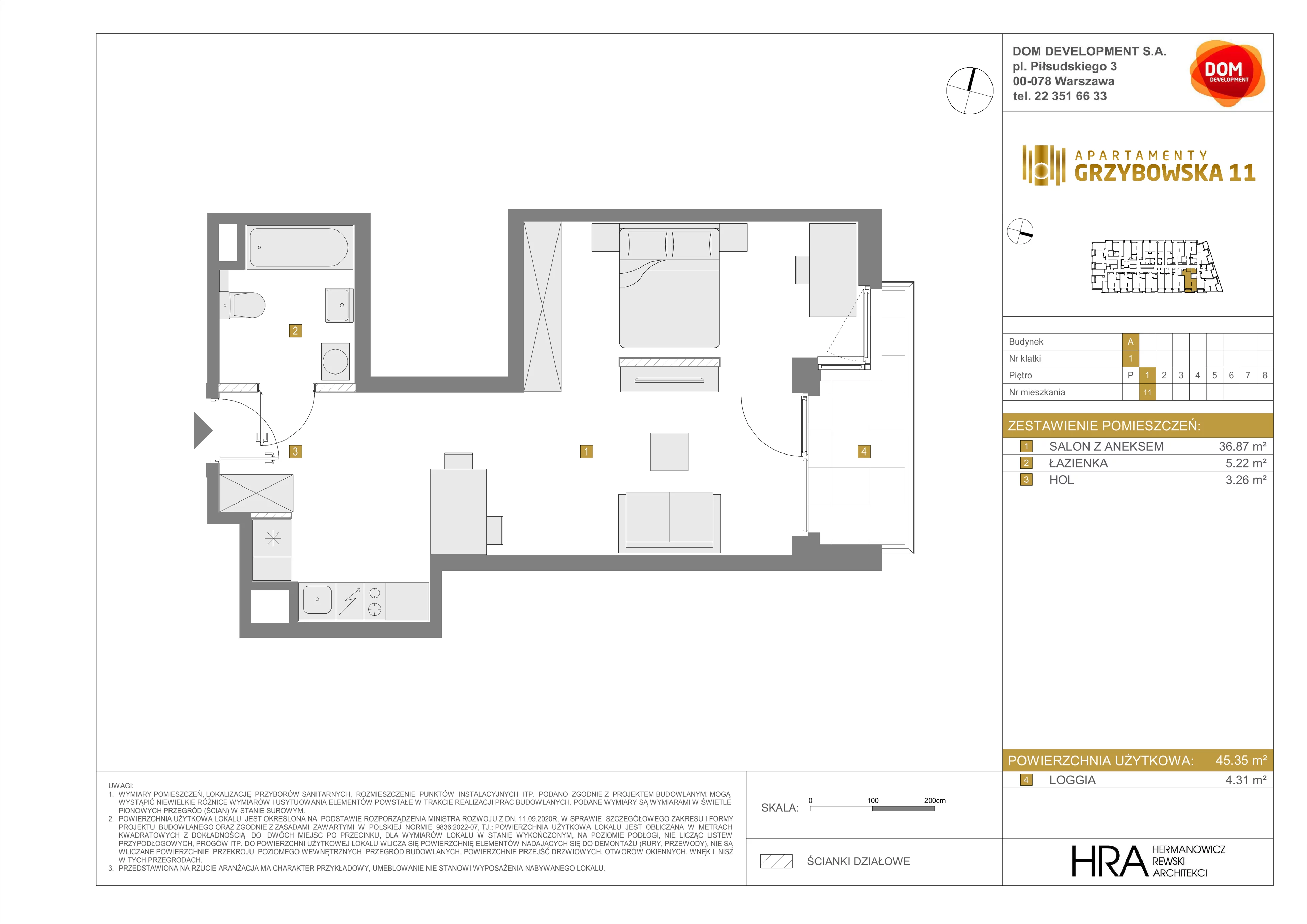 1 pokój, apartament 45,35 m², piętro 1, oferta nr A/11, Apartamenty Grzybowska 11, Warszawa, Śródmieście, Śródmieście Północne, ul. Grzybowska 11