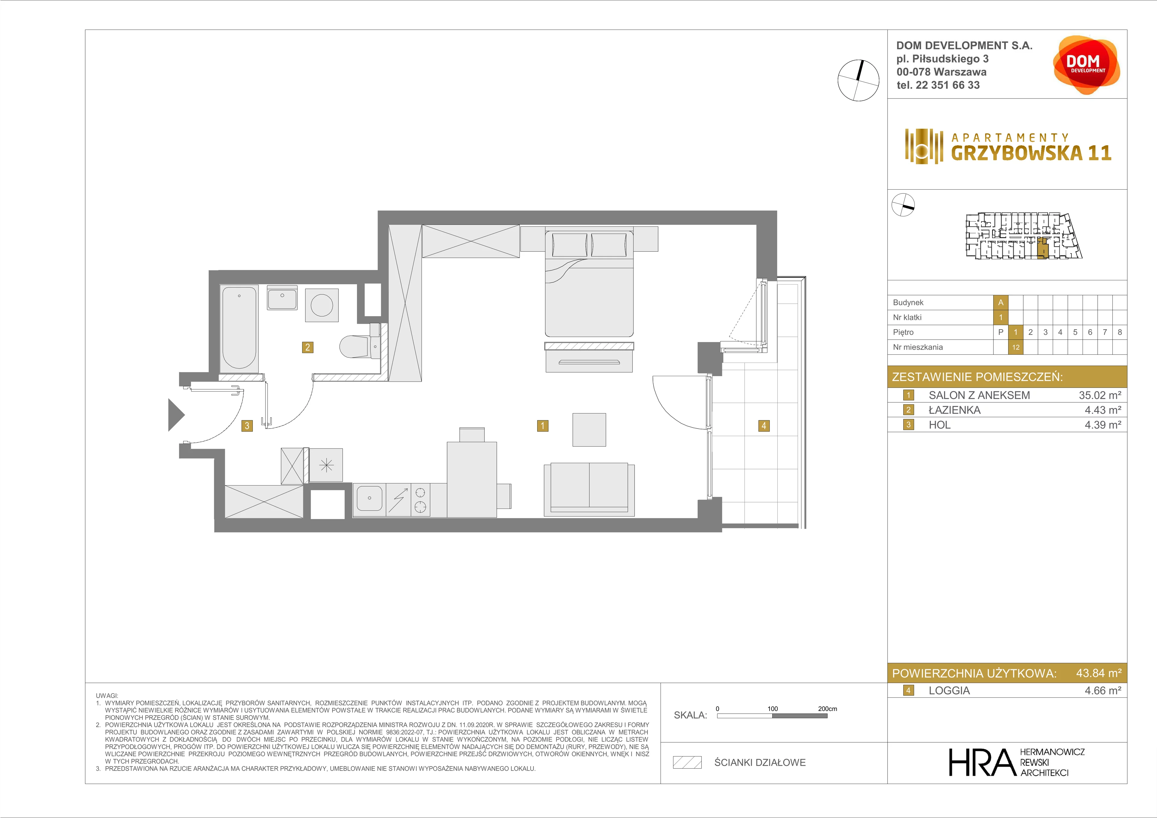 1 pokój, mieszkanie 43,84 m², piętro 1, oferta nr A/12, Apartamenty Grzybowska 11, Warszawa, Śródmieście, Śródmieście Północne, ul. Grzybowska 11