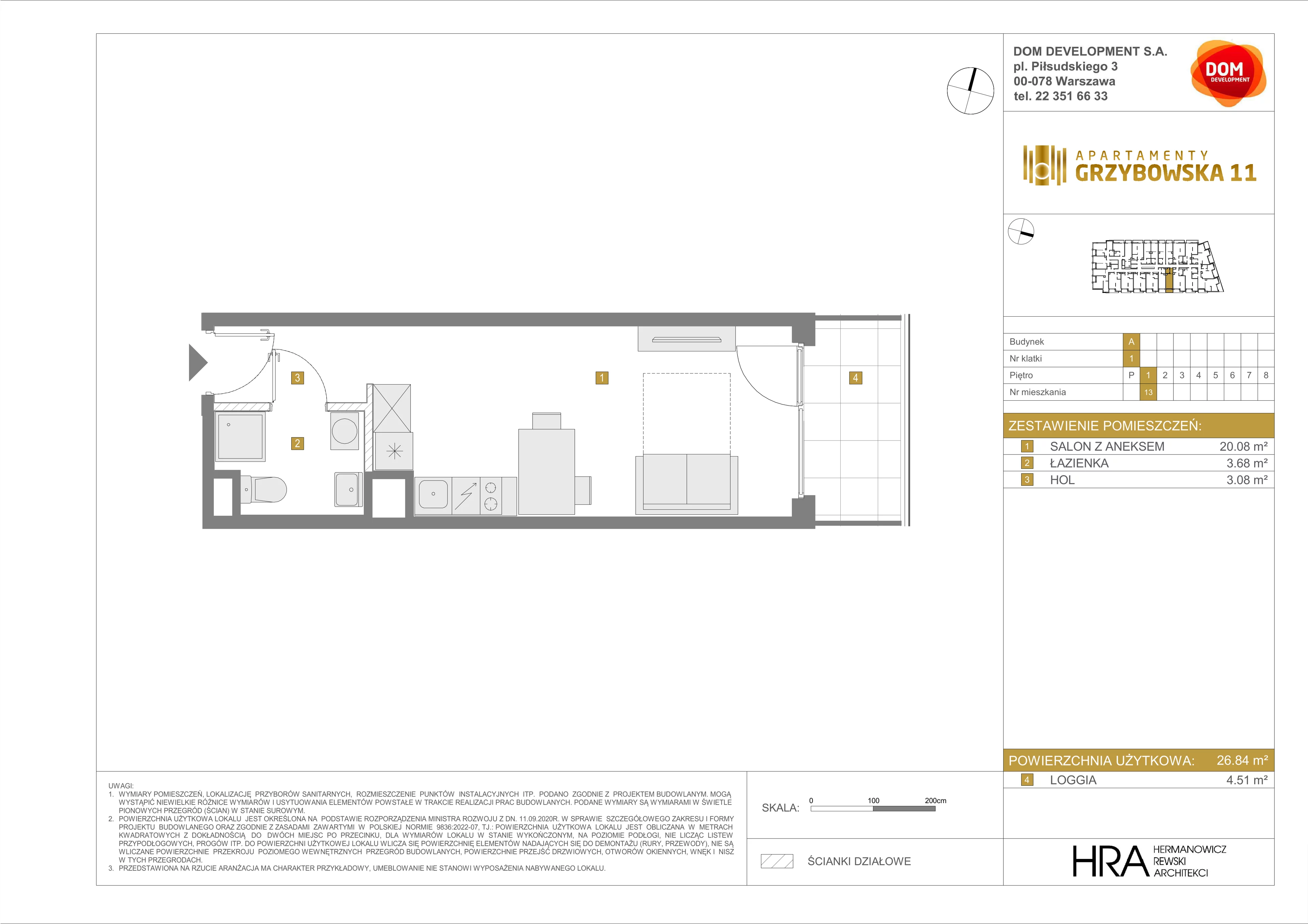 1 pokój, mieszkanie 26,84 m², piętro 1, oferta nr A/13, Apartamenty Grzybowska 11, Warszawa, Śródmieście, Śródmieście Północne, ul. Grzybowska 11