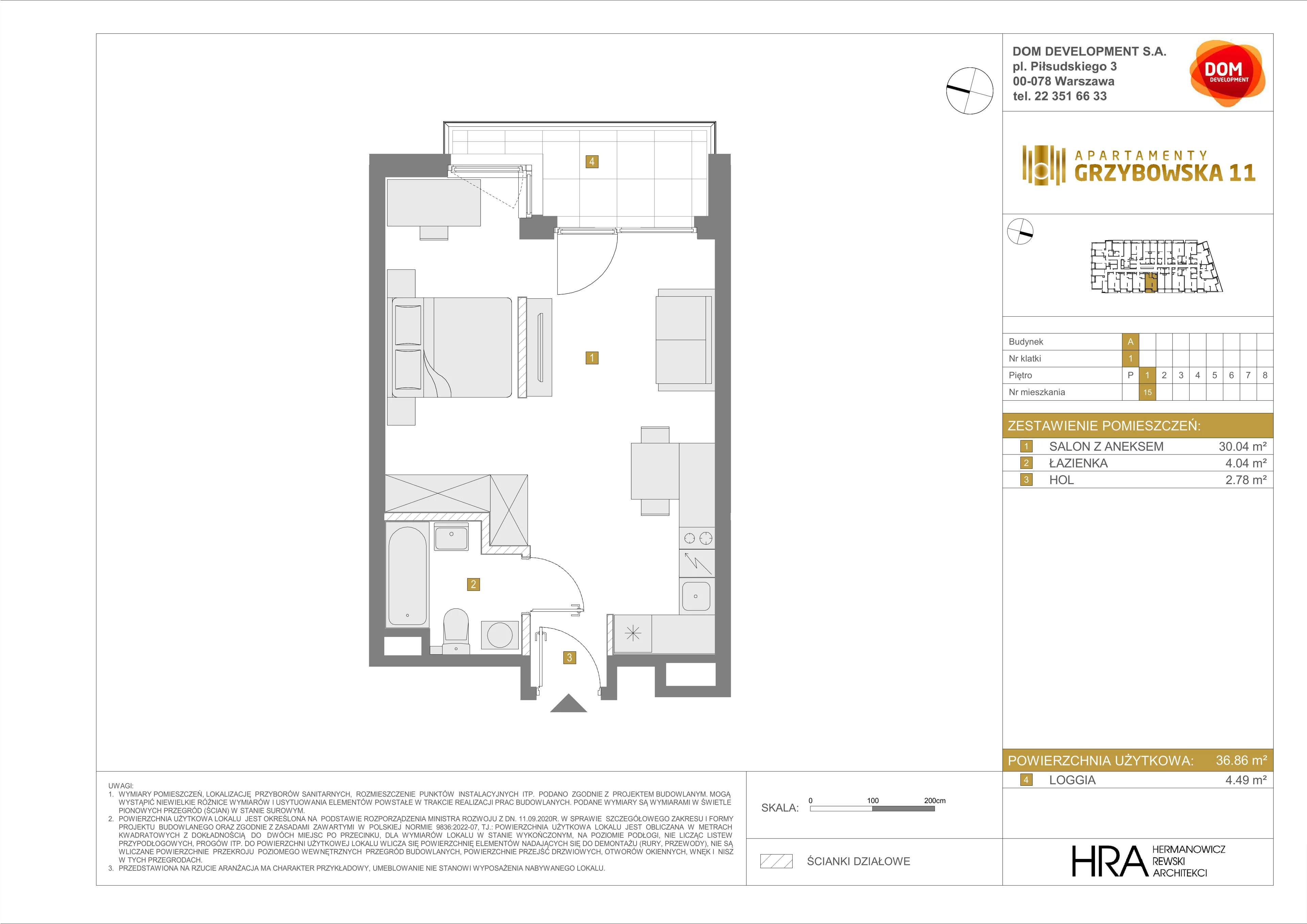 1 pokój, mieszkanie 36,86 m², piętro 1, oferta nr A/15, Apartamenty Grzybowska 11, Warszawa, Śródmieście, Śródmieście Północne, ul. Grzybowska 11