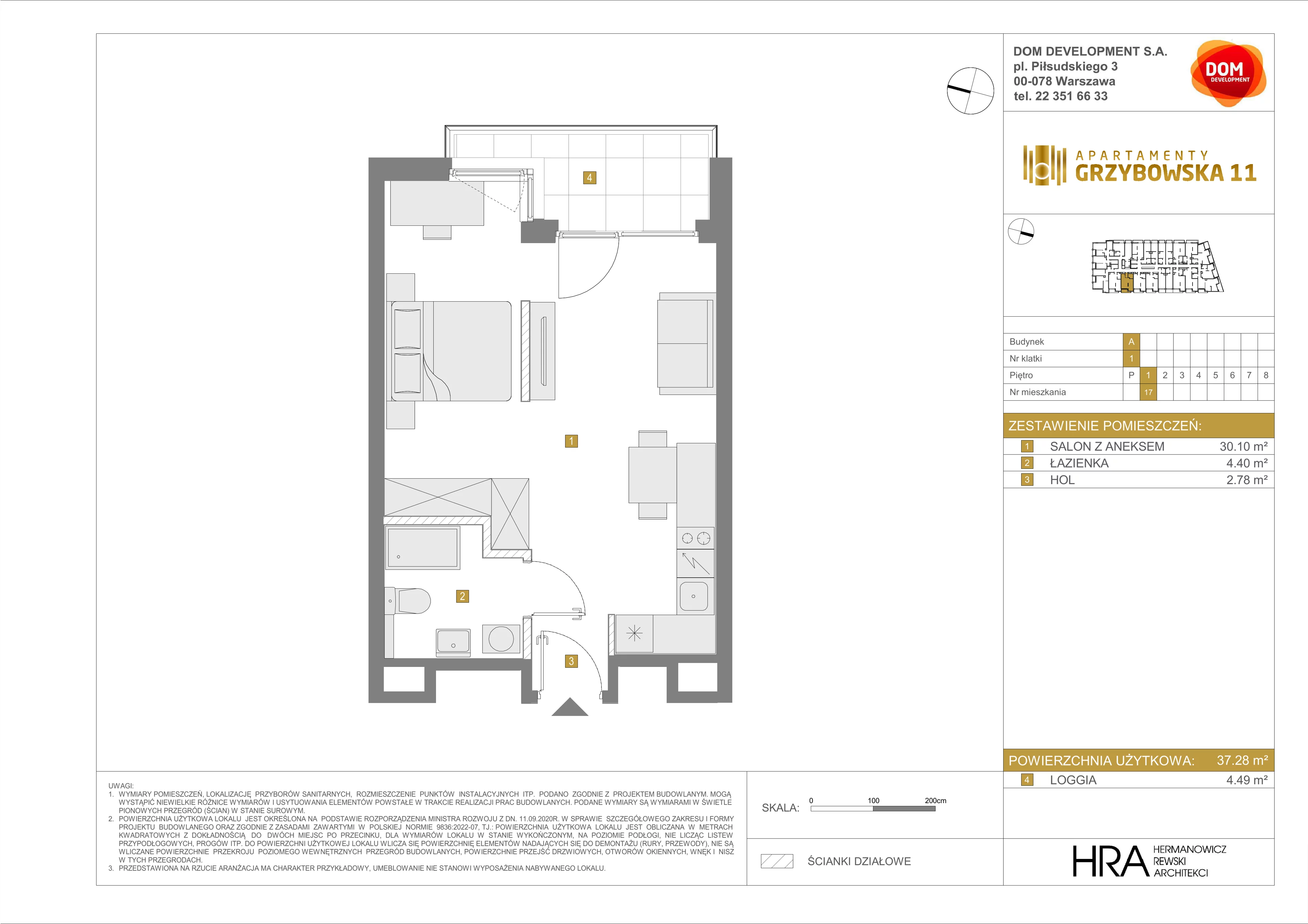 1 pokój, apartament 37,28 m², piętro 1, oferta nr A/17, Apartamenty Grzybowska 11, Warszawa, Śródmieście, Śródmieście Północne, ul. Grzybowska 11