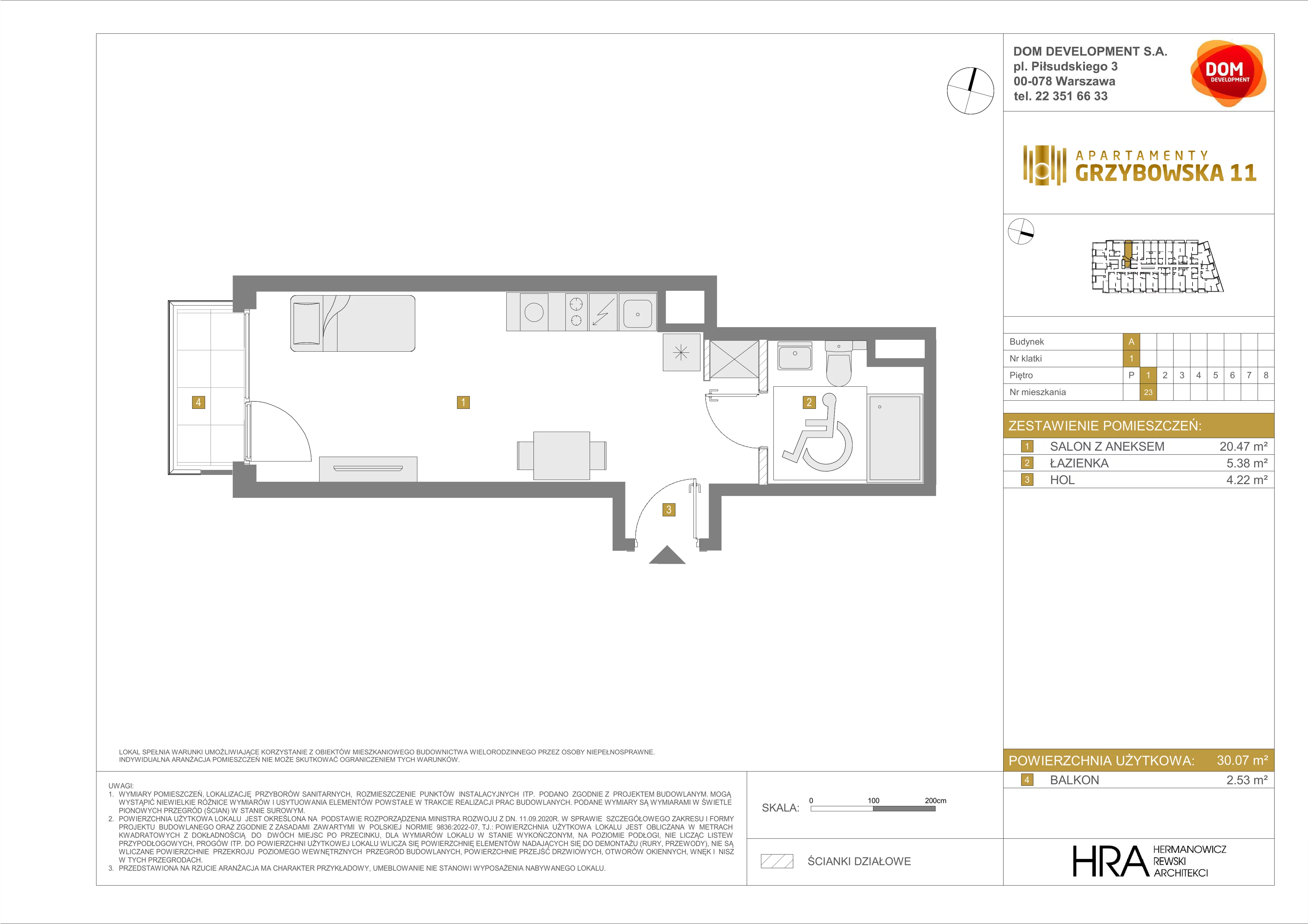 1 pokój, mieszkanie 30,07 m², piętro 1, oferta nr A/23, Apartamenty Grzybowska 11, Warszawa, Śródmieście, Śródmieście Północne, ul. Grzybowska 11