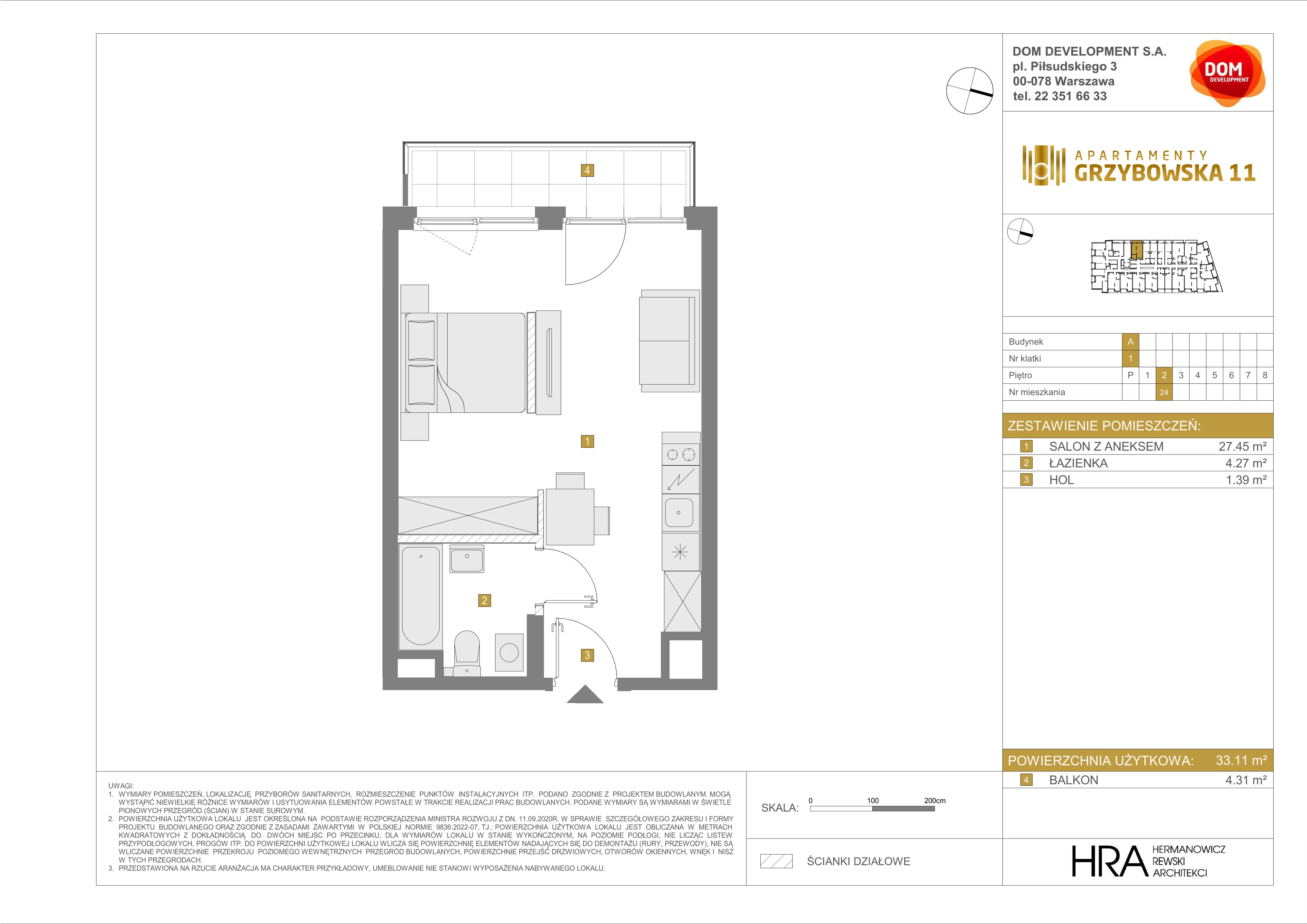 1 pokój, apartament 33,11 m², piętro 2, oferta nr A/24, Apartamenty Grzybowska 11, Warszawa, Śródmieście, Śródmieście Północne, ul. Grzybowska 11