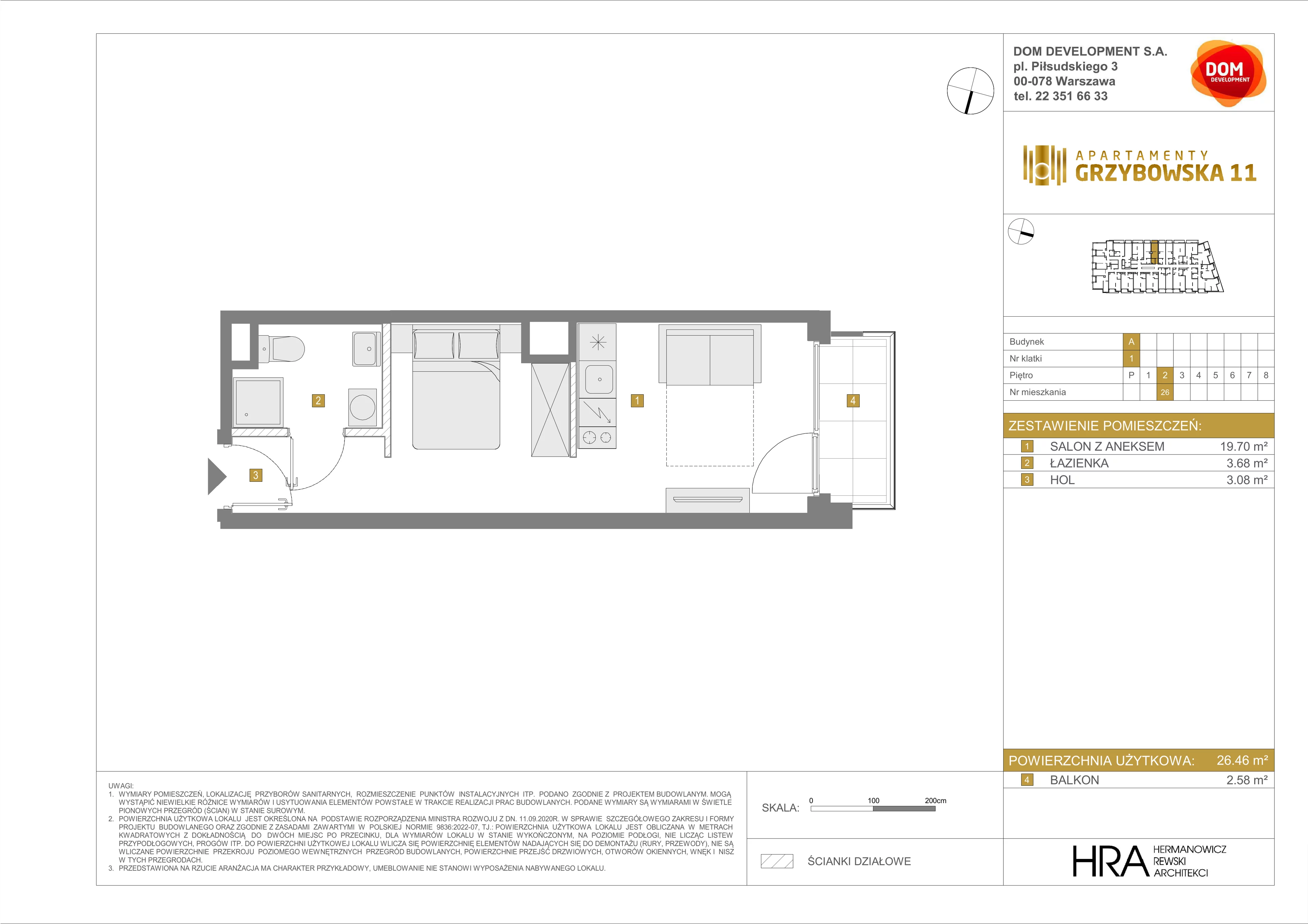 1 pokój, mieszkanie 26,46 m², piętro 2, oferta nr A/26, Apartamenty Grzybowska 11, Warszawa, Śródmieście, Śródmieście Północne, ul. Grzybowska 11