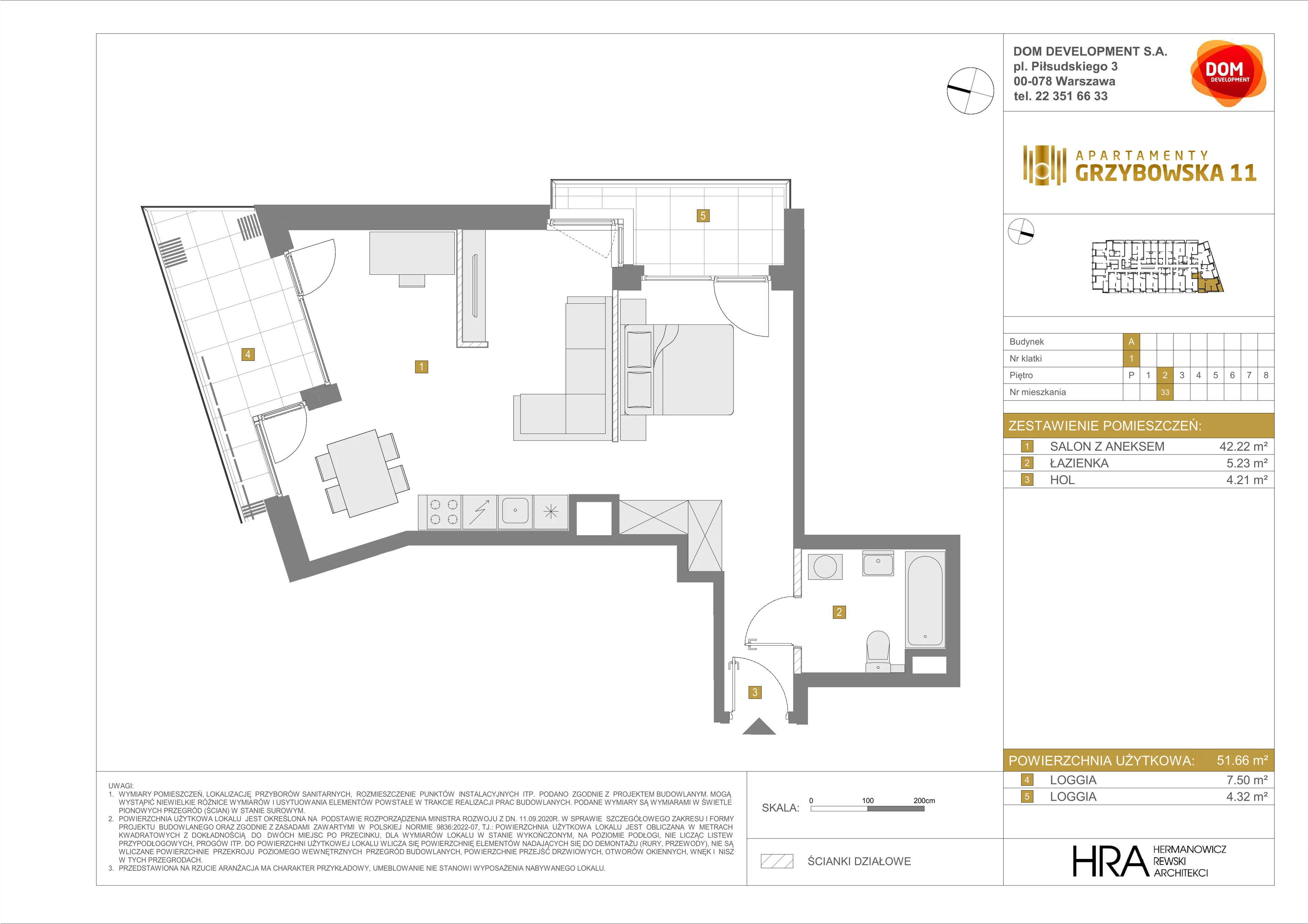 1 pokój, mieszkanie 51,66 m², piętro 2, oferta nr A/33, Apartamenty Grzybowska 11, Warszawa, Śródmieście, Śródmieście Północne, ul. Grzybowska 11