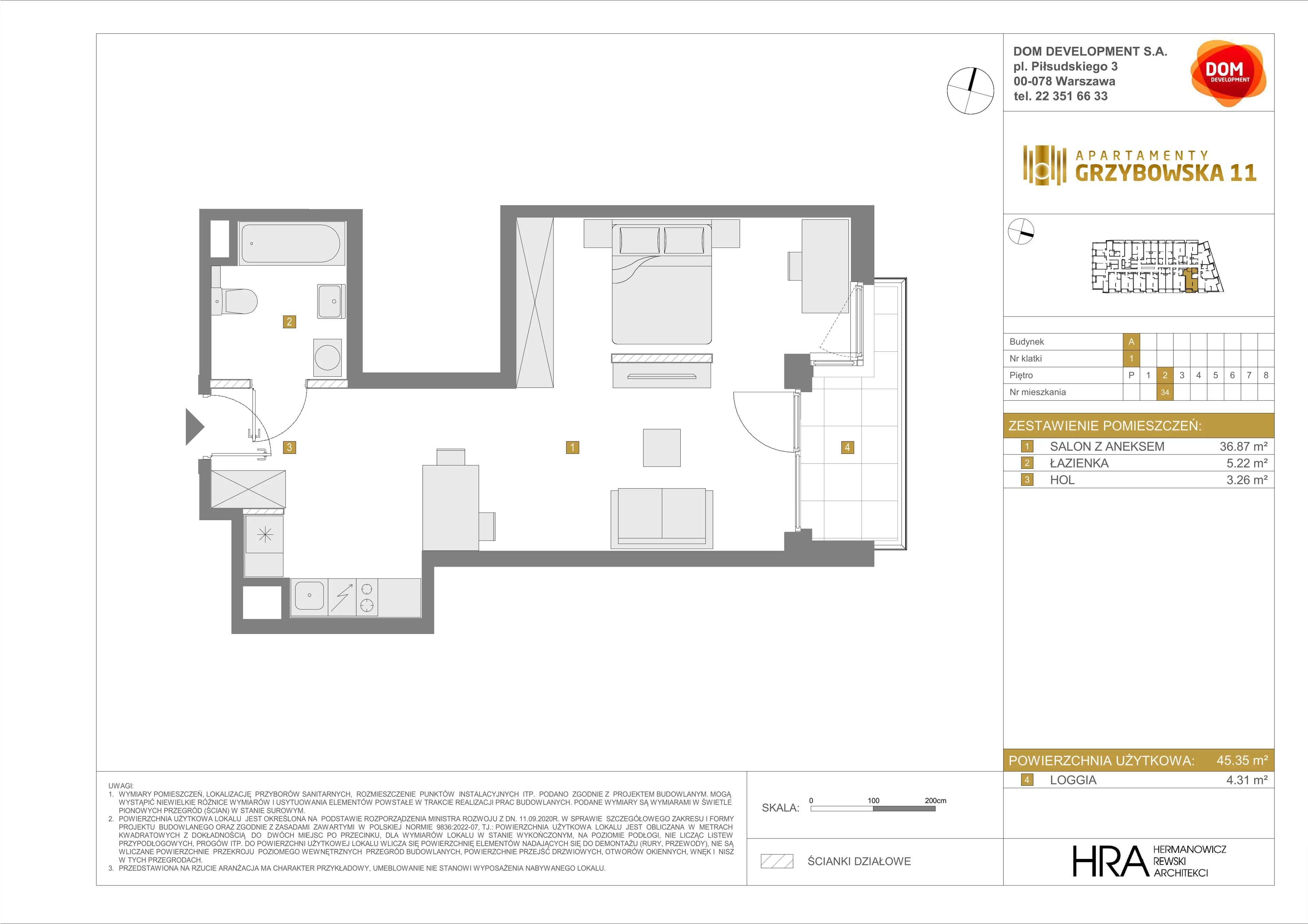 1 pokój, apartament 45,35 m², piętro 2, oferta nr A/34, Apartamenty Grzybowska 11, Warszawa, Śródmieście, Śródmieście Północne, ul. Grzybowska 11