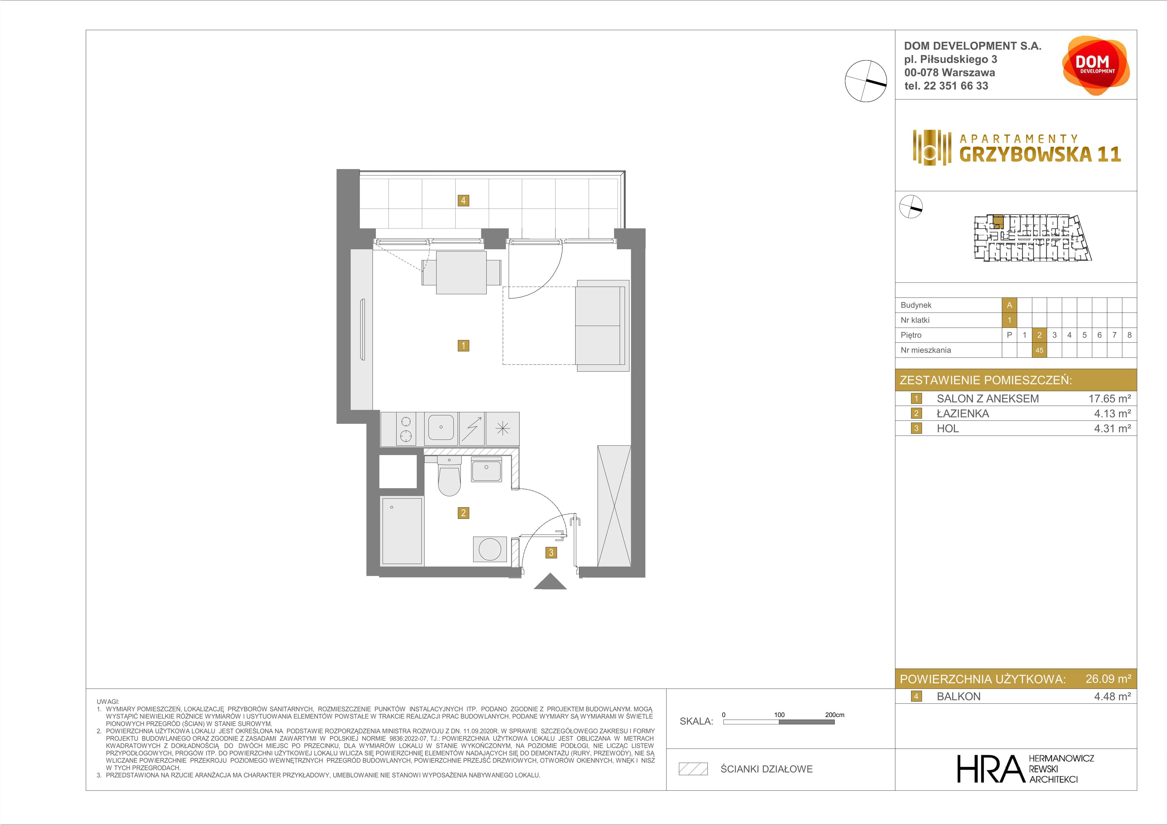 1 pokój, mieszkanie 26,09 m², piętro 2, oferta nr A/45, Apartamenty Grzybowska 11, Warszawa, Śródmieście, Śródmieście Północne, ul. Grzybowska 11