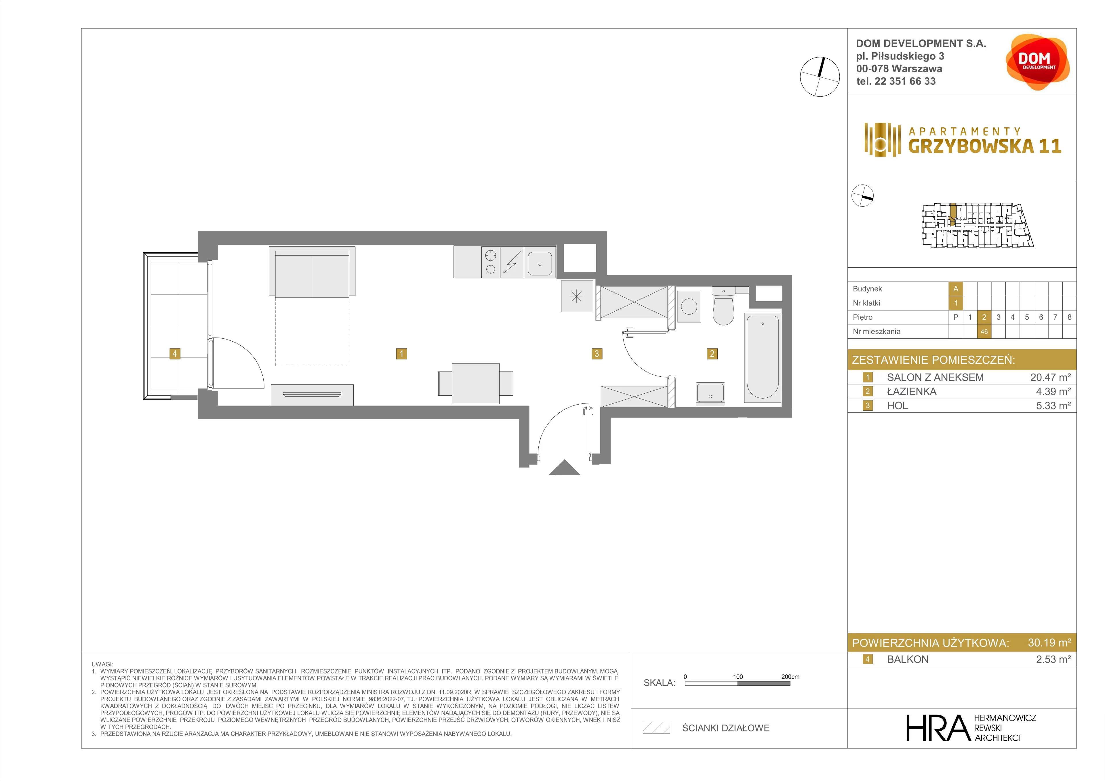 1 pokój, mieszkanie 30,19 m², piętro 2, oferta nr A/46, Apartamenty Grzybowska 11, Warszawa, Śródmieście, Śródmieście Północne, ul. Grzybowska 11