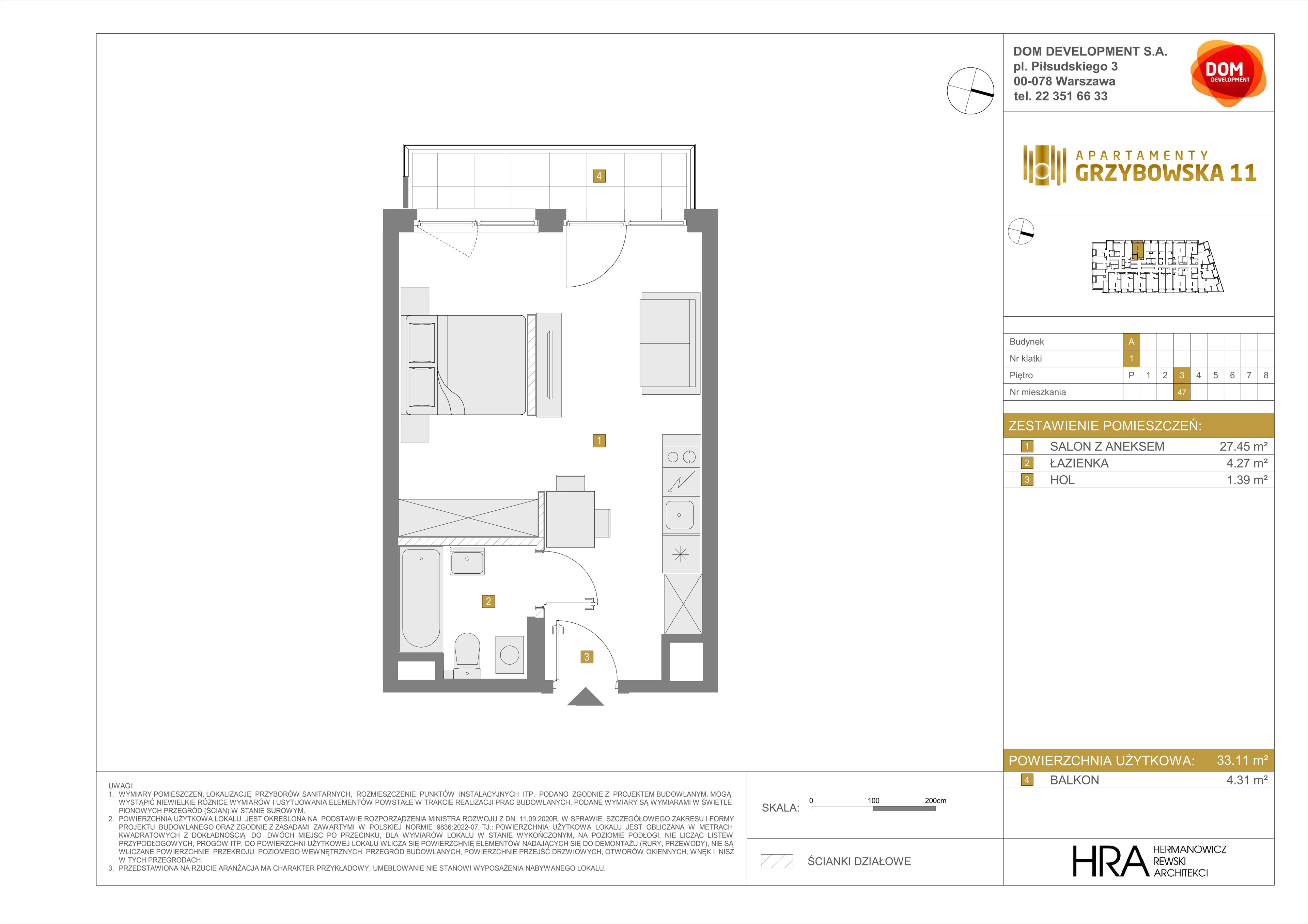 1 pokój, apartament 33,11 m², piętro 3, oferta nr A/47, Apartamenty Grzybowska 11, Warszawa, Śródmieście, Śródmieście Północne, ul. Grzybowska 11
