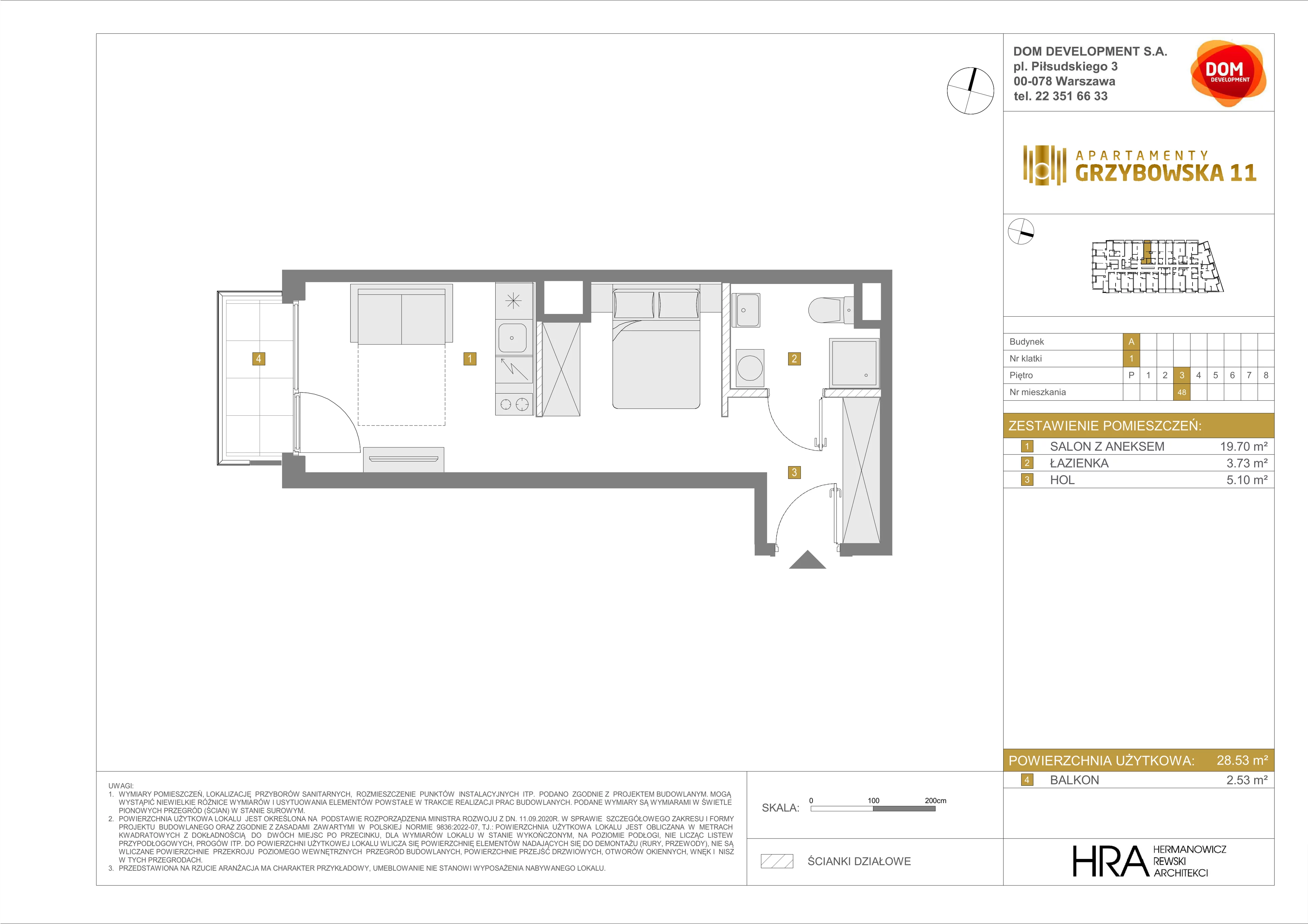 1 pokój, mieszkanie 28,53 m², piętro 3, oferta nr A/48, Apartamenty Grzybowska 11, Warszawa, Śródmieście, Śródmieście Północne, ul. Grzybowska 11