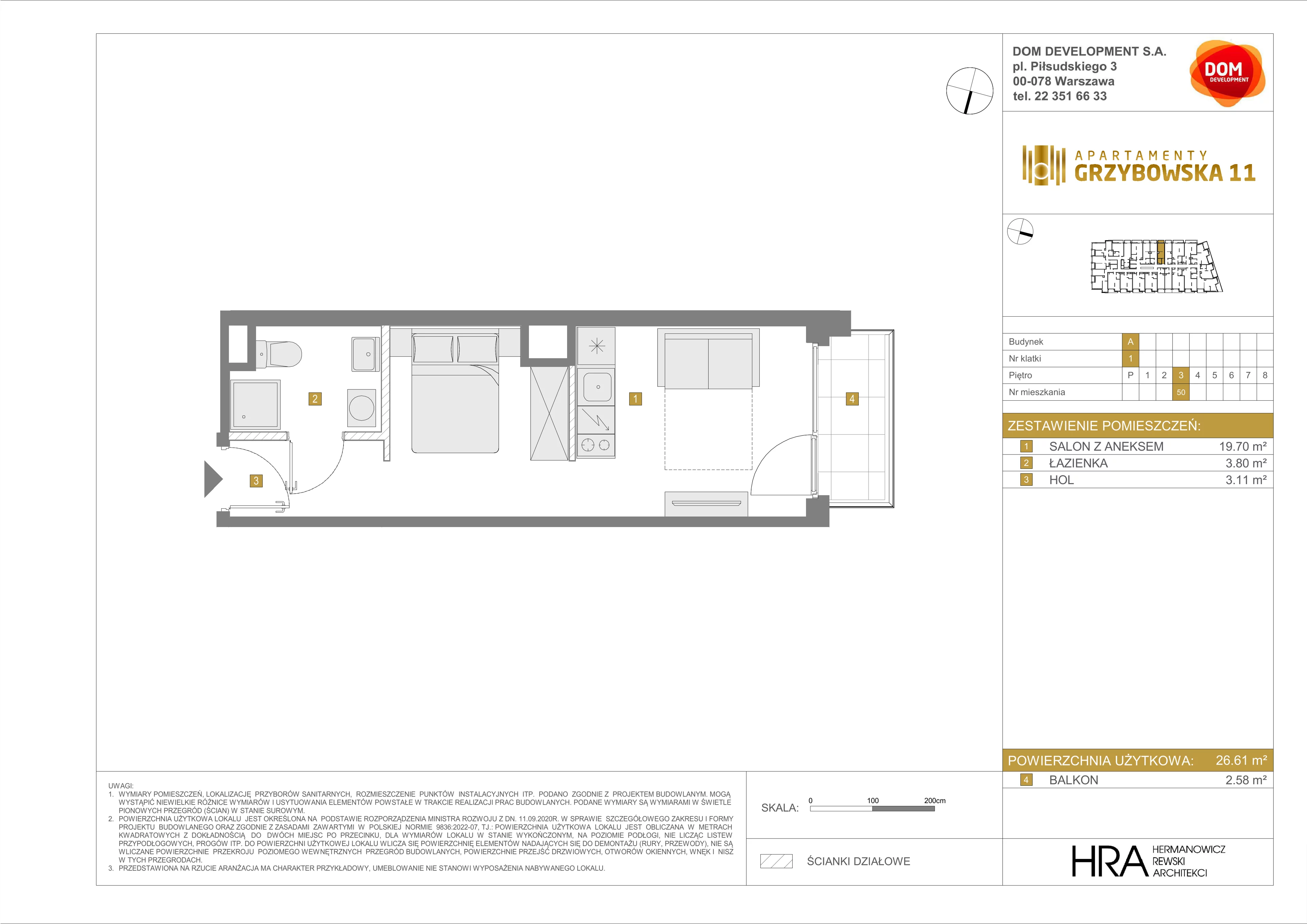 1 pokój, mieszkanie 26,61 m², piętro 3, oferta nr A/50, Apartamenty Grzybowska 11, Warszawa, Śródmieście, Śródmieście Północne, ul. Grzybowska 11