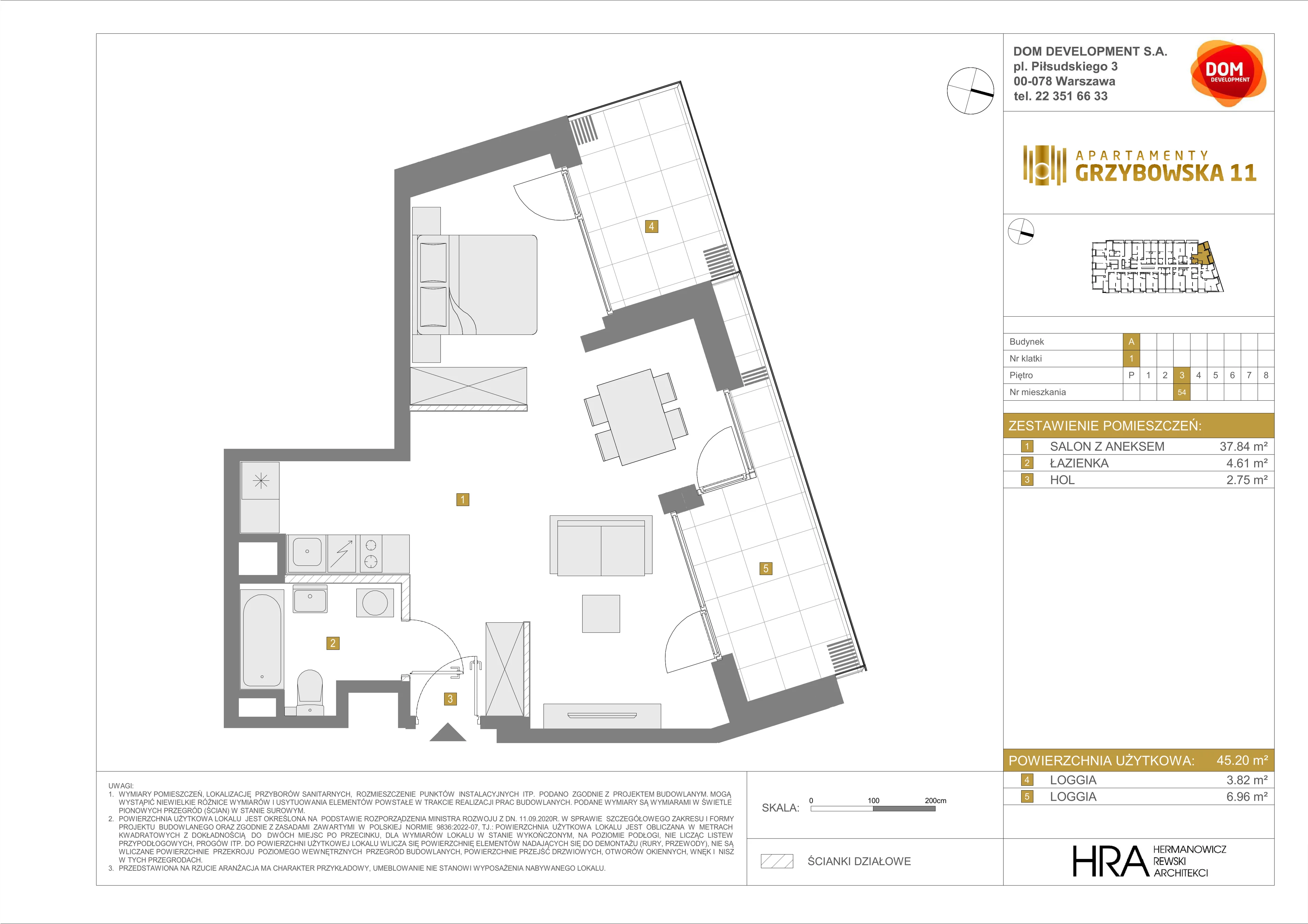 1 pokój, mieszkanie 45,20 m², piętro 3, oferta nr A/54, Apartamenty Grzybowska 11, Warszawa, Śródmieście, Śródmieście Północne, ul. Grzybowska 11