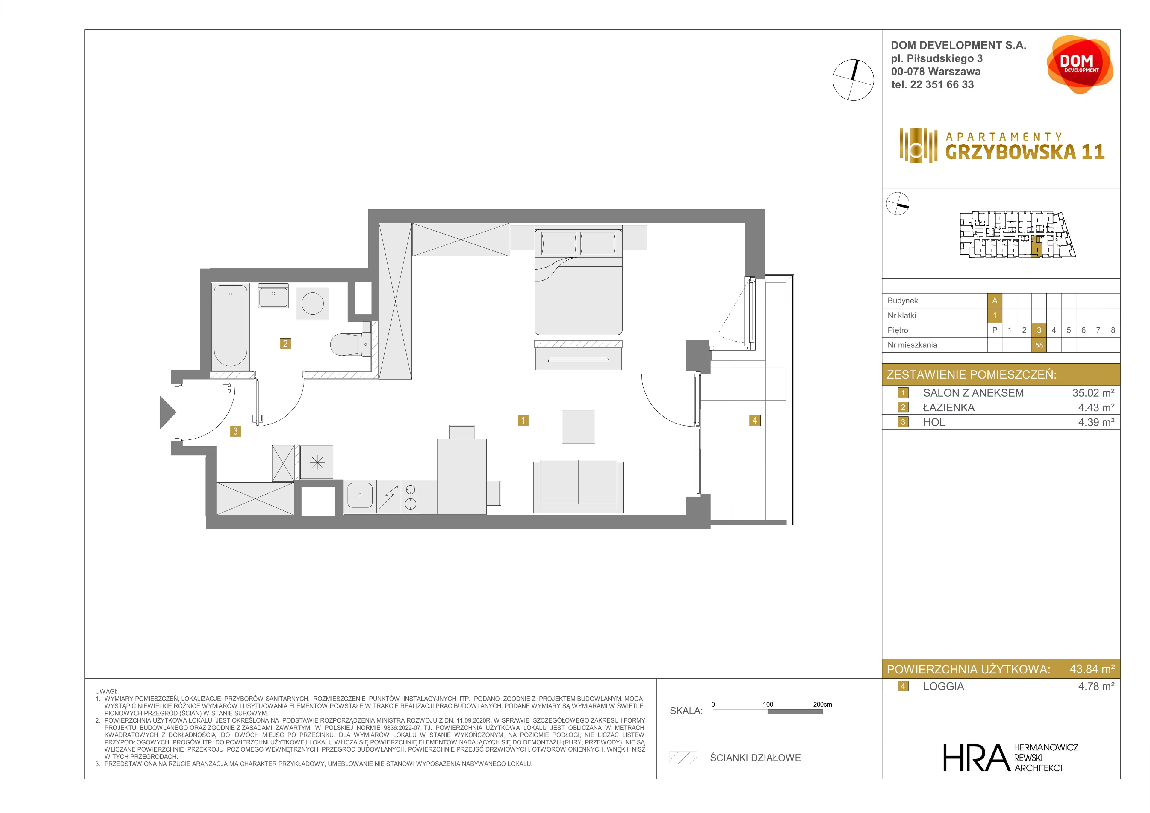 1 pokój, mieszkanie 43,84 m², piętro 3, oferta nr A/58, Apartamenty Grzybowska 11, Warszawa, Śródmieście, Śródmieście Północne, ul. Grzybowska 11