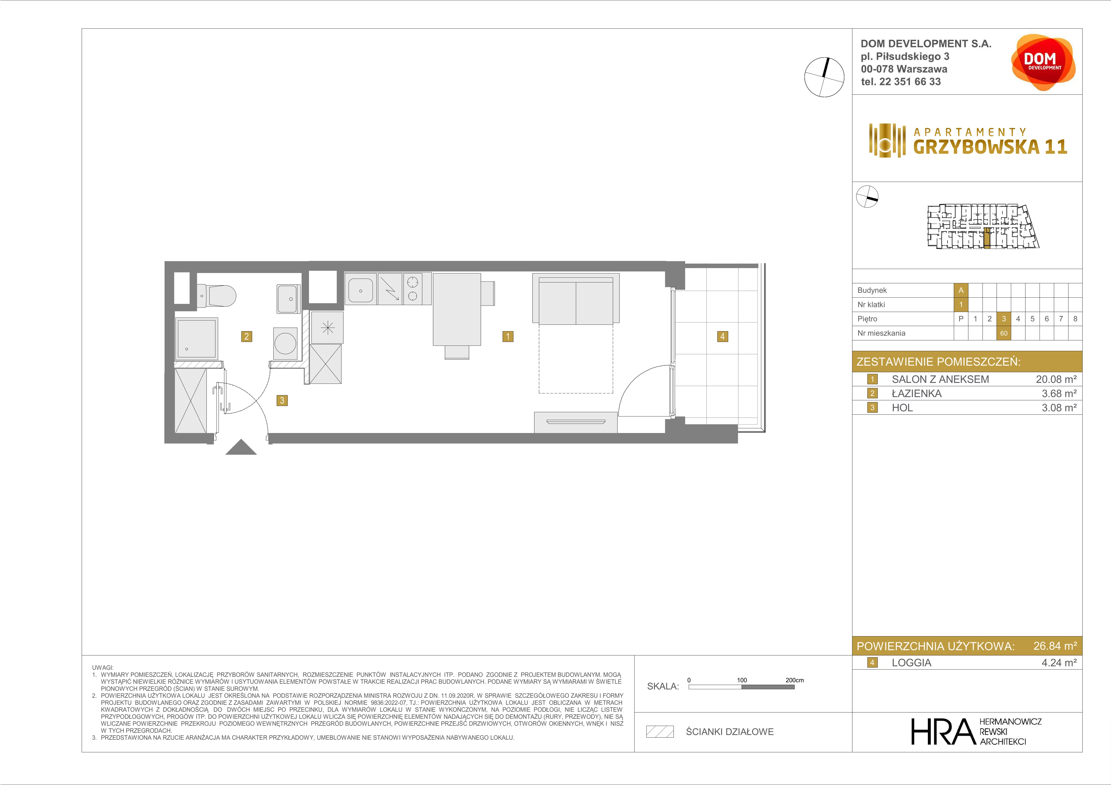 1 pokój, mieszkanie 26,84 m², piętro 3, oferta nr A/60, Apartamenty Grzybowska 11, Warszawa, Śródmieście, Śródmieście Północne, ul. Grzybowska 11