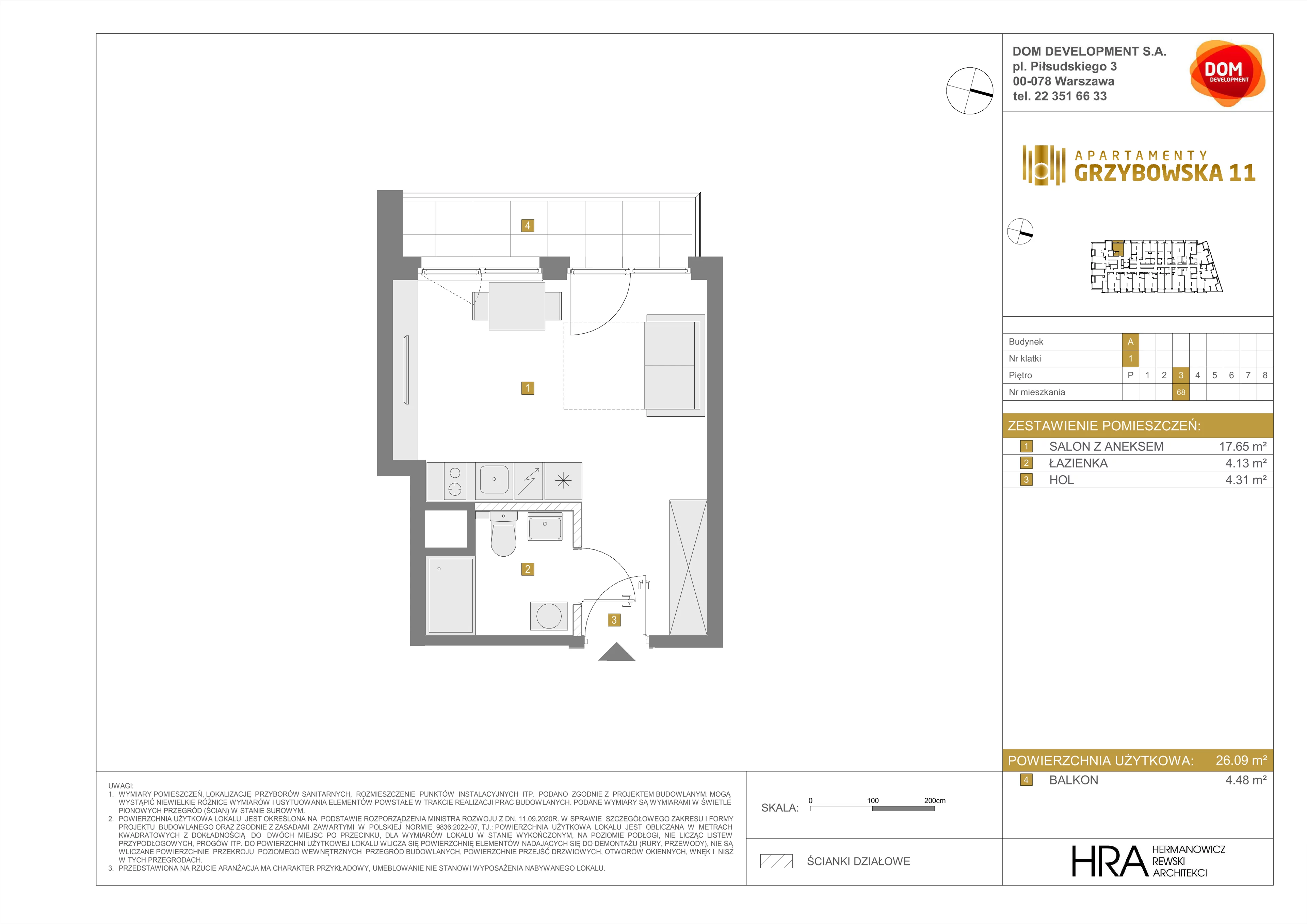1 pokój, mieszkanie 26,09 m², piętro 3, oferta nr A/68, Apartamenty Grzybowska 11, Warszawa, Śródmieście, Śródmieście Północne, ul. Grzybowska 11