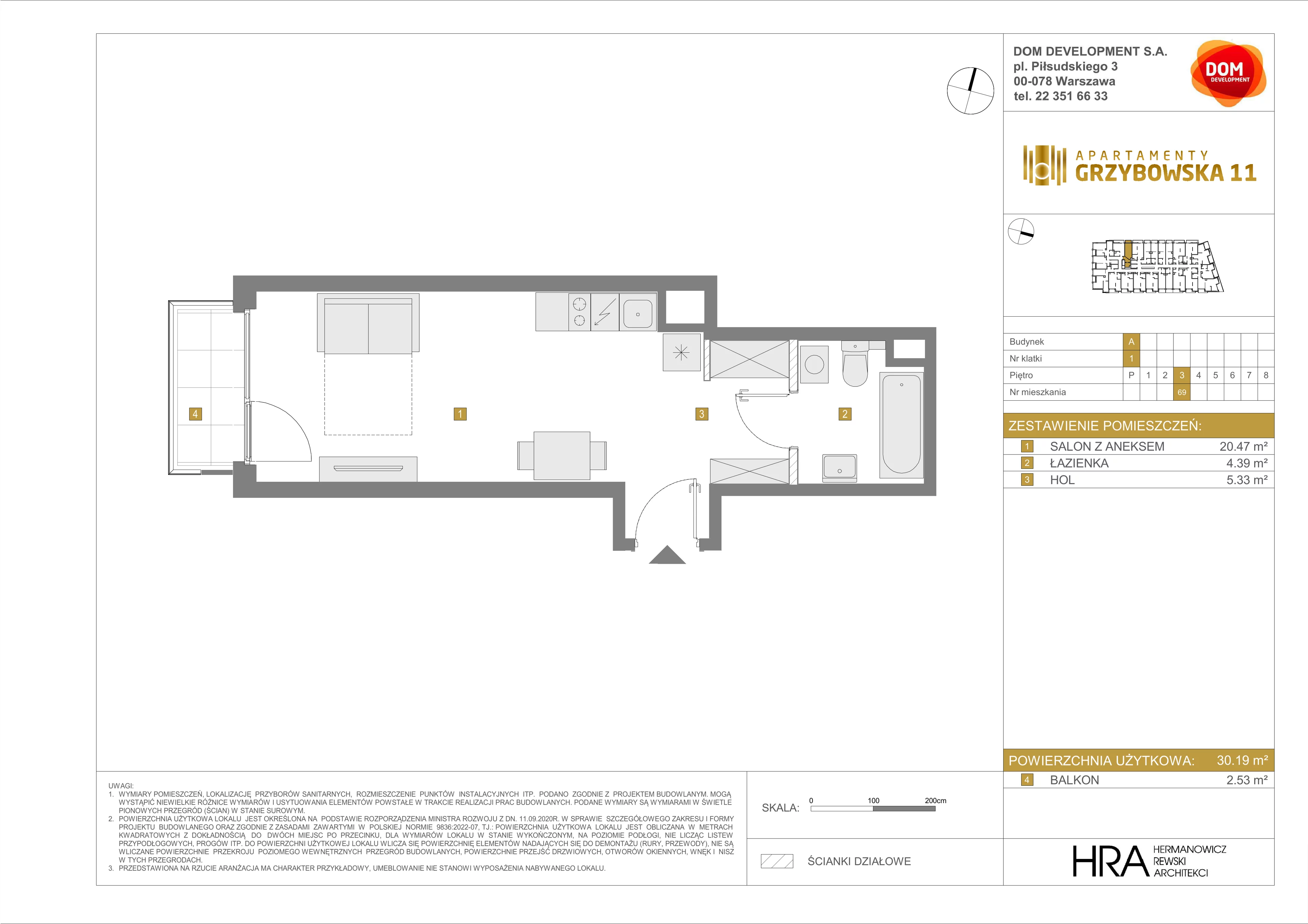 1 pokój, mieszkanie 30,19 m², piętro 3, oferta nr A/69, Apartamenty Grzybowska 11, Warszawa, Śródmieście, Śródmieście Północne, ul. Grzybowska 11