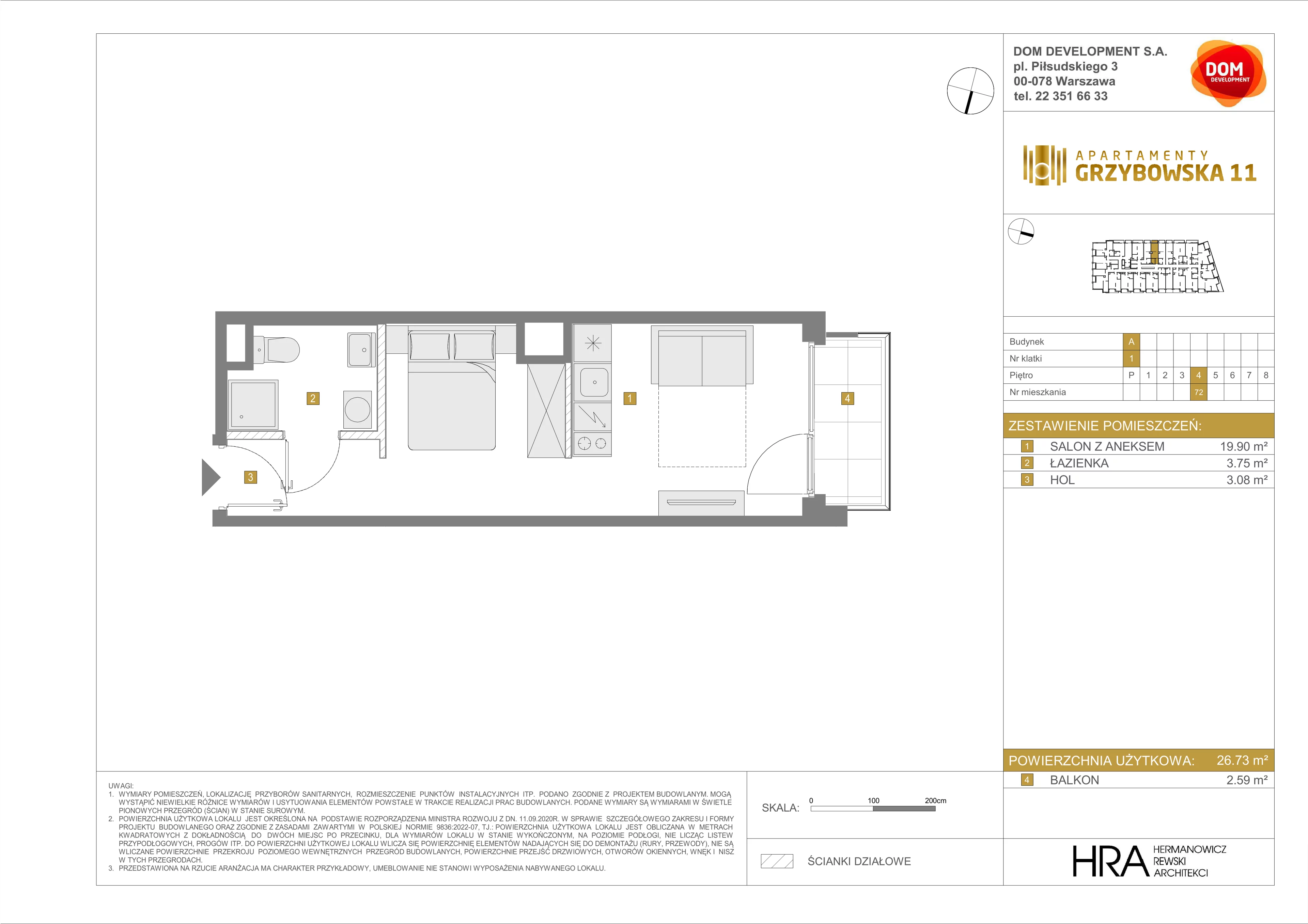 1 pokój, apartament 26,73 m², piętro 4, oferta nr A/72, Apartamenty Grzybowska 11, Warszawa, Śródmieście, Śródmieście Północne, ul. Grzybowska 11