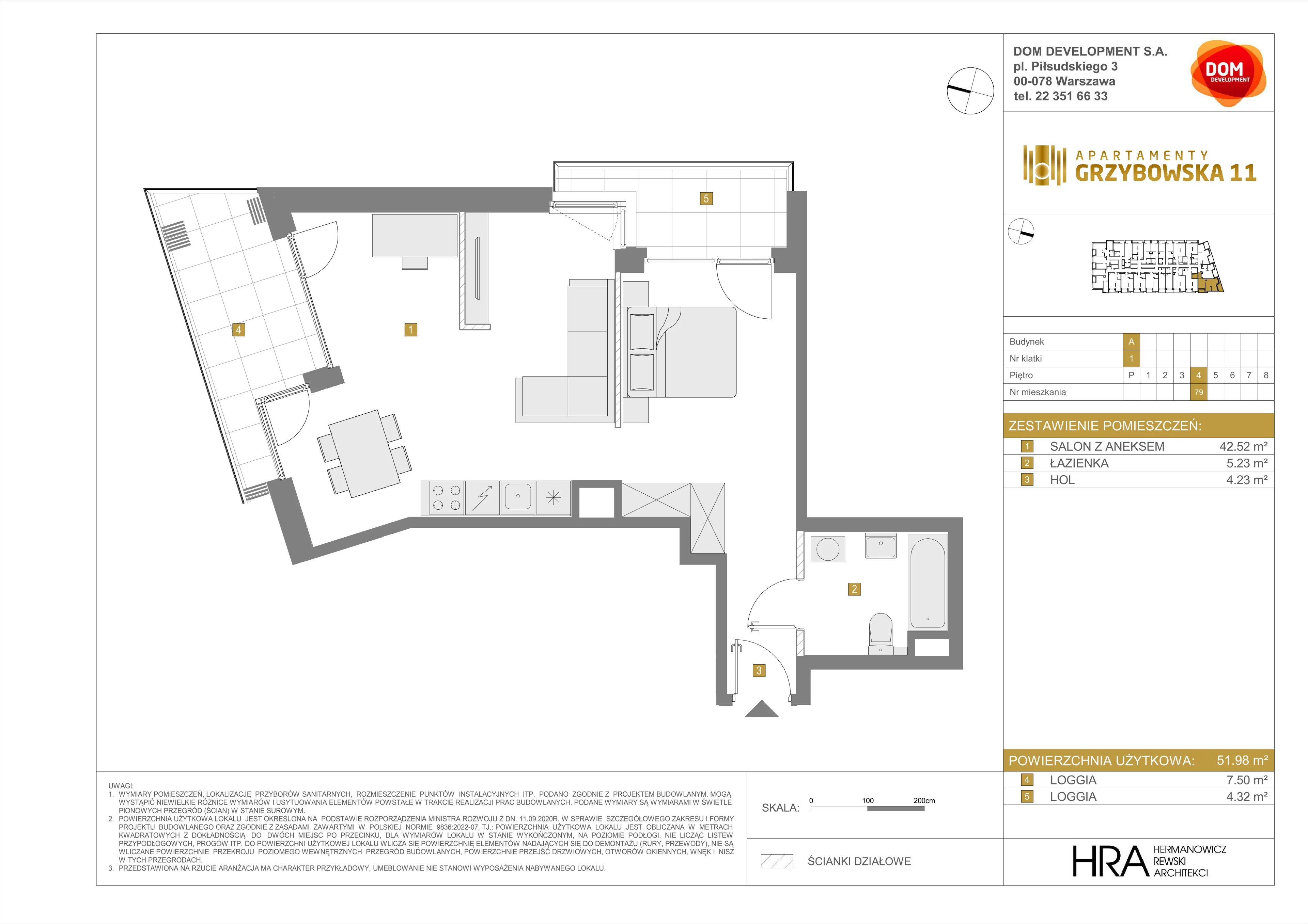 1 pokój, mieszkanie 51,98 m², piętro 4, oferta nr A/79, Apartamenty Grzybowska 11, Warszawa, Śródmieście, Śródmieście Północne, ul. Grzybowska 11