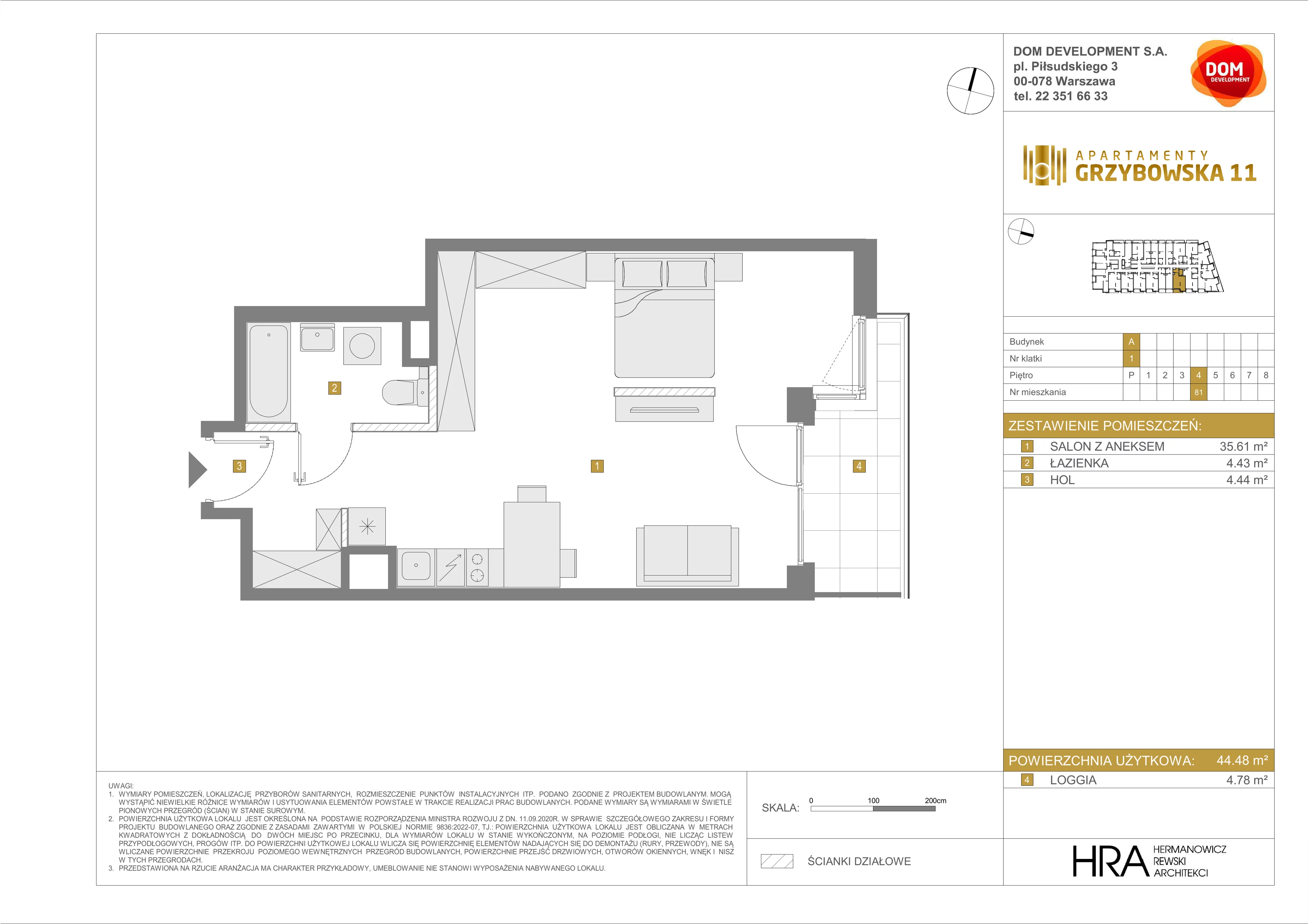 1 pokój, mieszkanie 44,48 m², piętro 4, oferta nr A/81, Apartamenty Grzybowska 11, Warszawa, Śródmieście, Śródmieście Północne, ul. Grzybowska 11