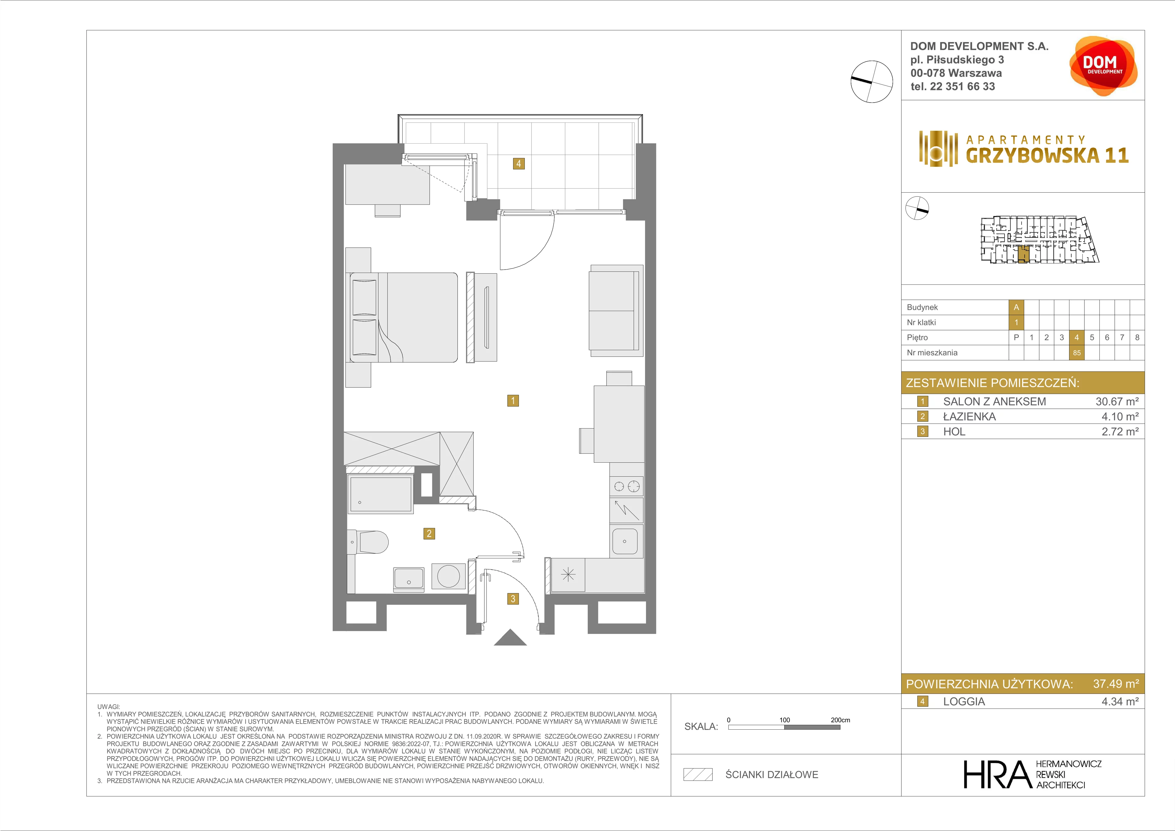 1 pokój, mieszkanie 37,49 m², piętro 4, oferta nr A/85, Apartamenty Grzybowska 11, Warszawa, Śródmieście, Śródmieście Północne, ul. Grzybowska 11