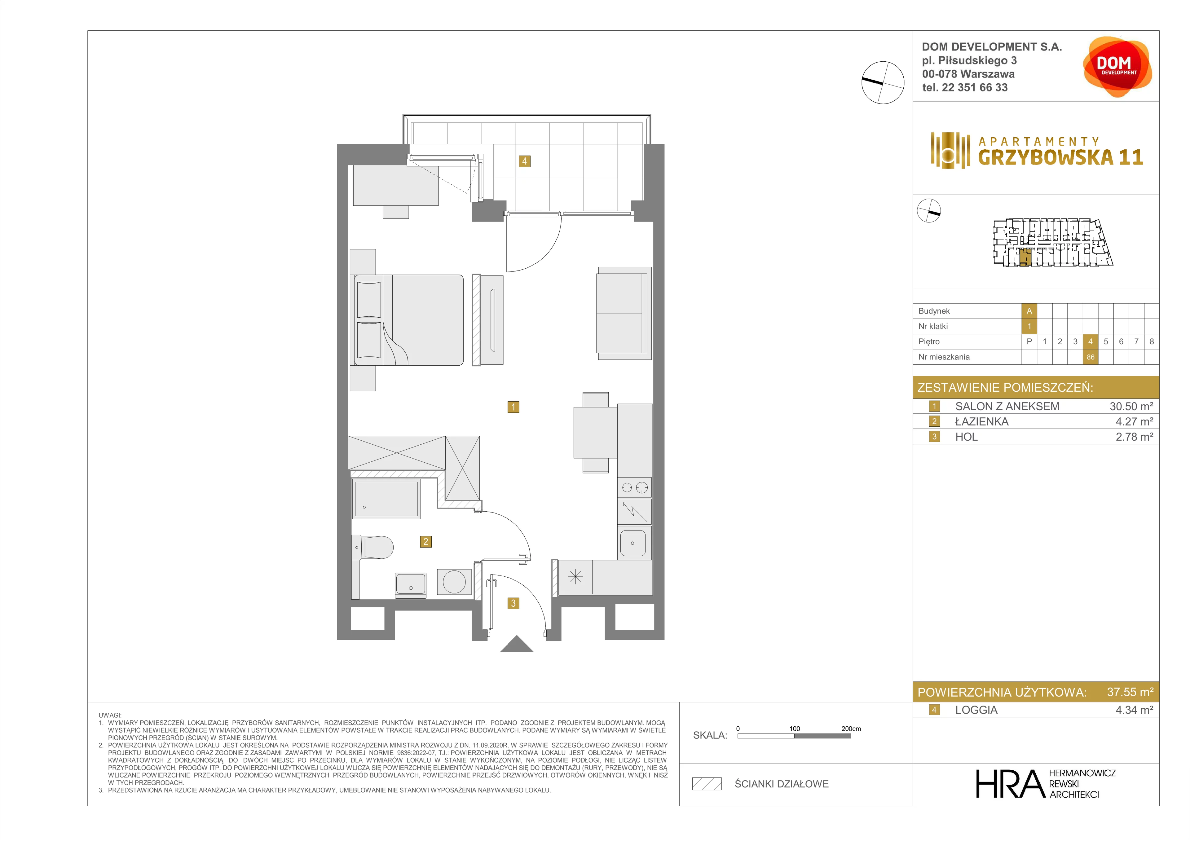 1 pokój, mieszkanie 37,55 m², piętro 4, oferta nr A/86, Apartamenty Grzybowska 11, Warszawa, Śródmieście, Śródmieście Północne, ul. Grzybowska 11