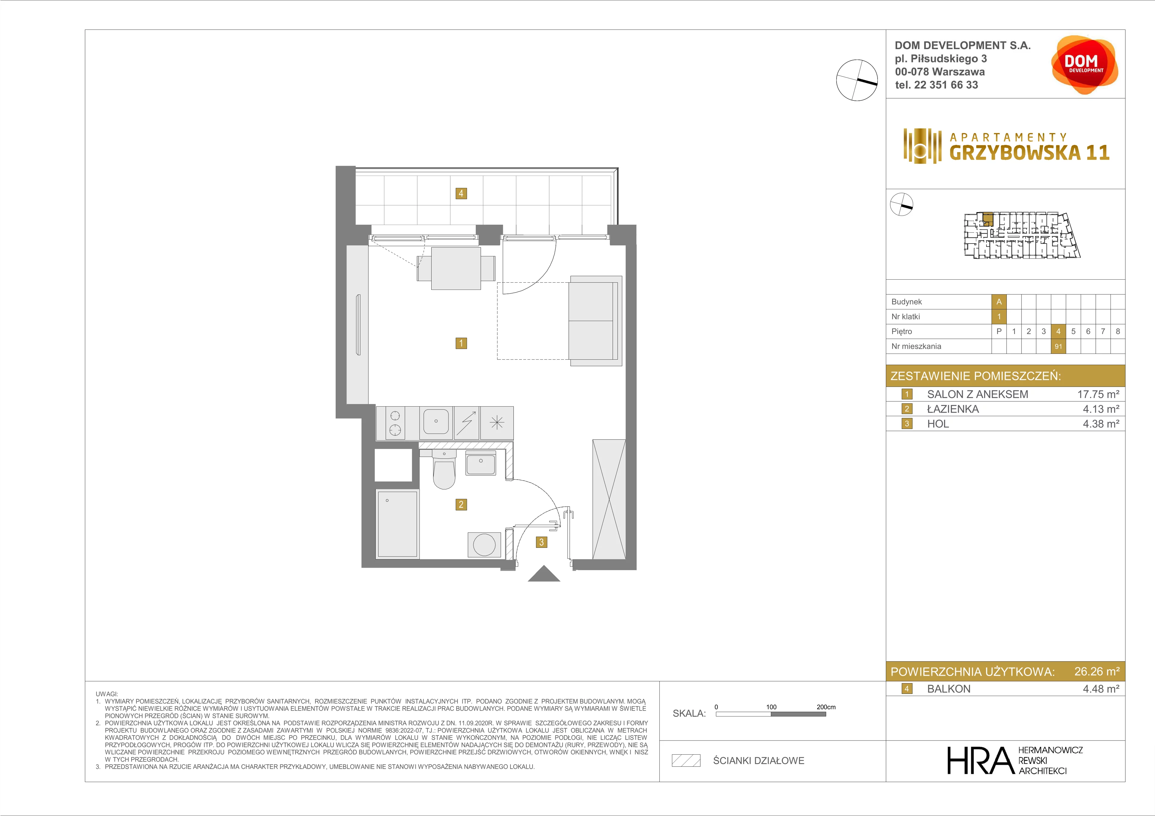 1 pokój, mieszkanie 26,26 m², piętro 4, oferta nr A/91, Apartamenty Grzybowska 11, Warszawa, Śródmieście, Śródmieście Północne, ul. Grzybowska 11