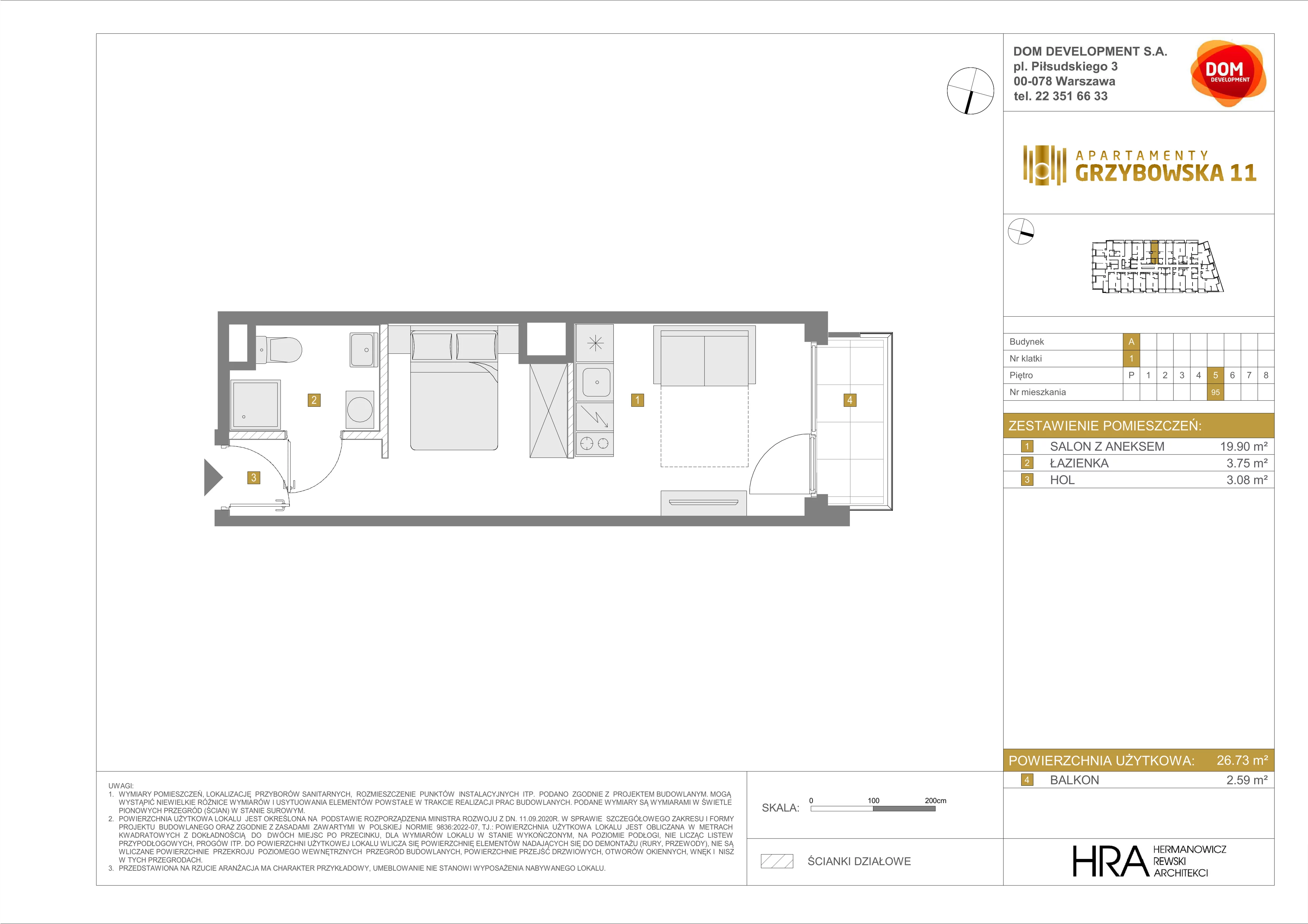1 pokój, mieszkanie 26,73 m², piętro 5, oferta nr A/95, Apartamenty Grzybowska 11, Warszawa, Śródmieście, Śródmieście Północne, ul. Grzybowska 11