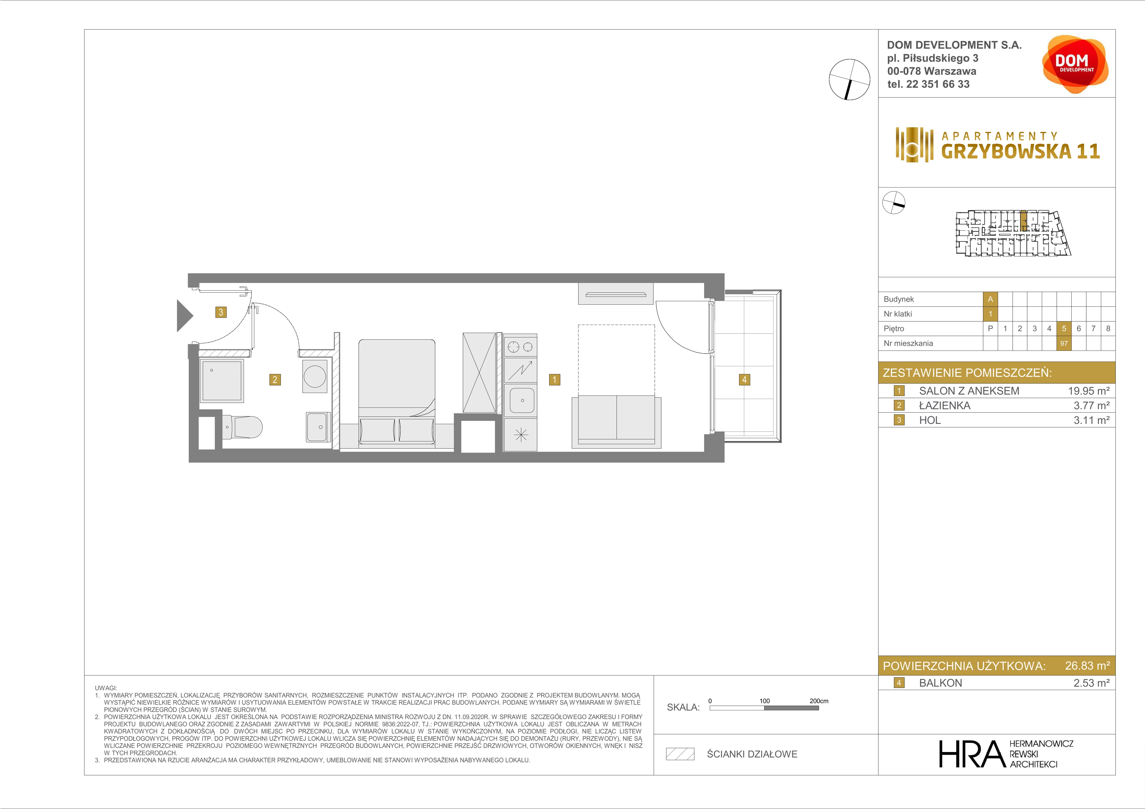 1 pokój, mieszkanie 26,83 m², piętro 5, oferta nr A/97, Apartamenty Grzybowska 11, Warszawa, Śródmieście, Śródmieście Północne, ul. Grzybowska 11