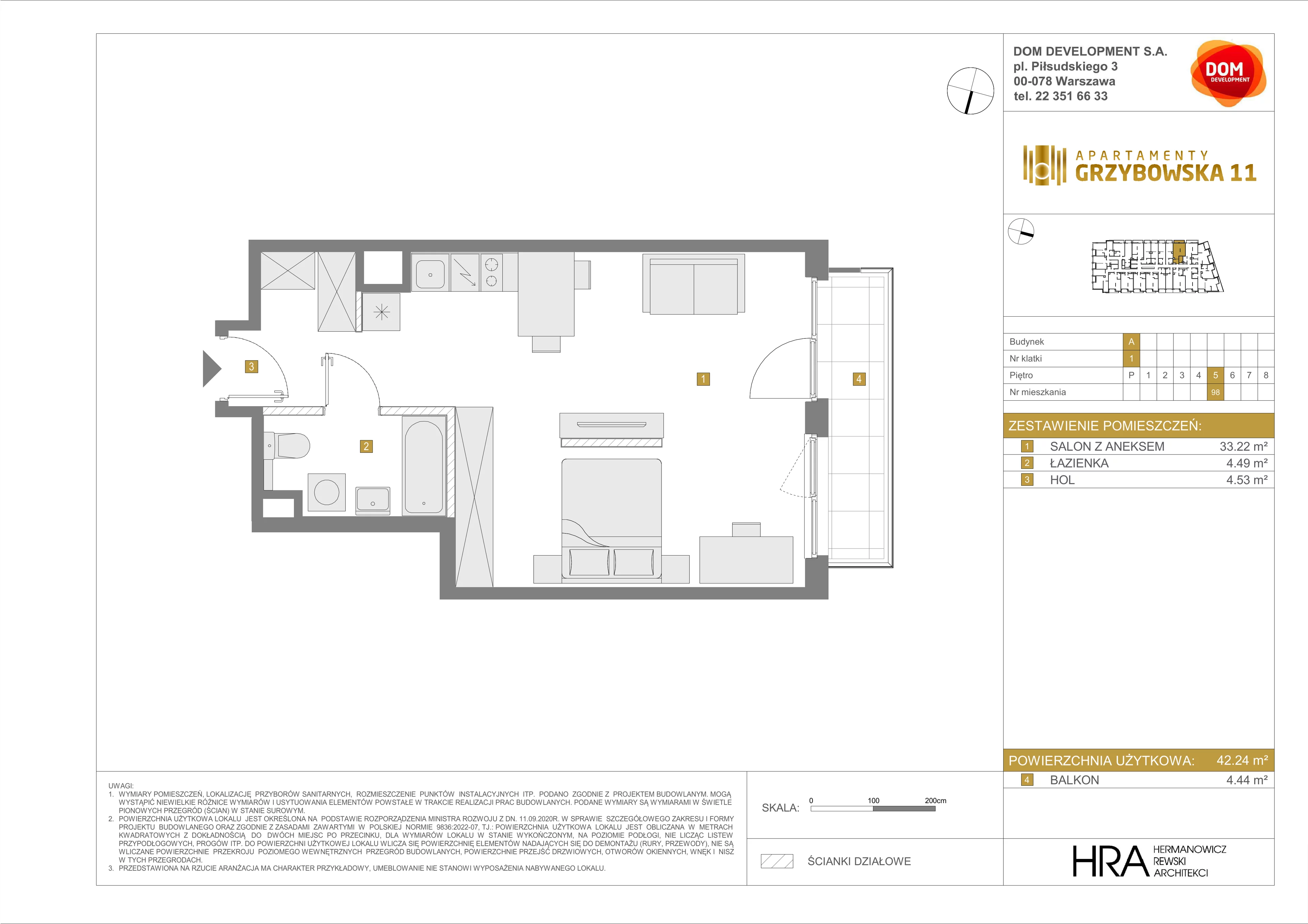 1 pokój, mieszkanie 42,24 m², piętro 5, oferta nr A/98, Apartamenty Grzybowska 11, Warszawa, Śródmieście, Śródmieście Północne, ul. Grzybowska 11