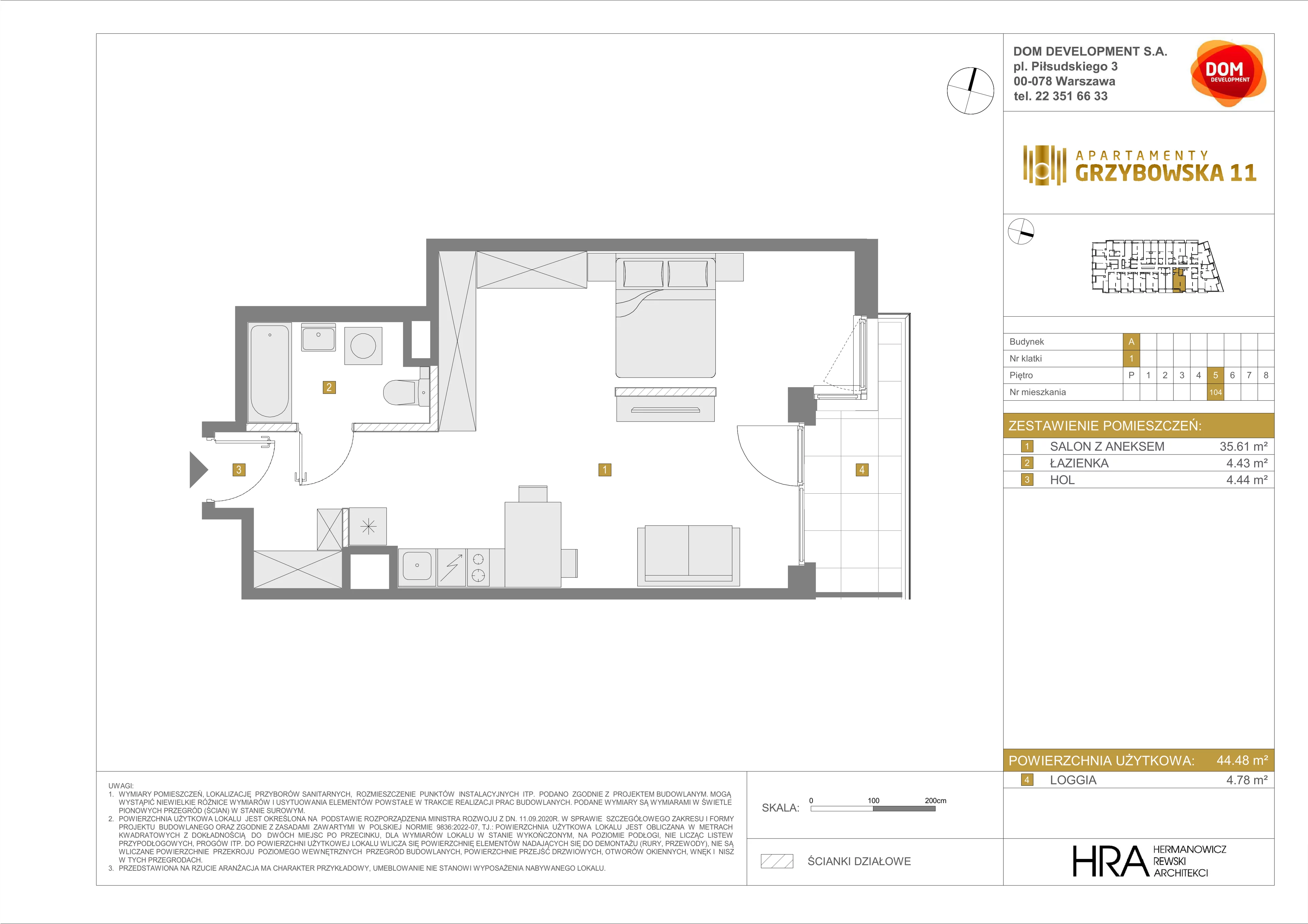 1 pokój, mieszkanie 44,48 m², piętro 5, oferta nr A/104, Apartamenty Grzybowska 11, Warszawa, Śródmieście, Śródmieście Północne, ul. Grzybowska 11
