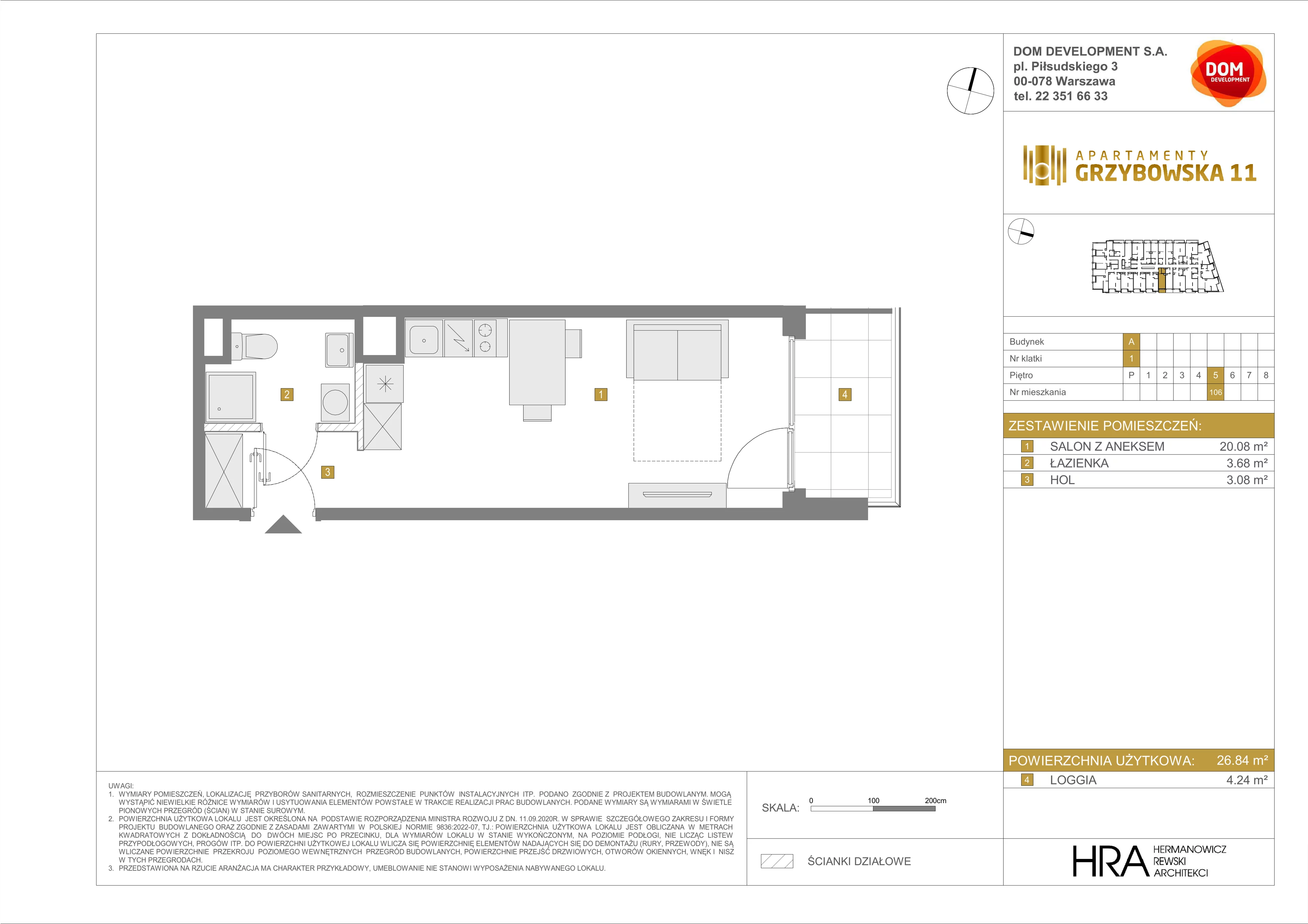 1 pokój, mieszkanie 26,84 m², piętro 5, oferta nr A/106, Apartamenty Grzybowska 11, Warszawa, Śródmieście, Śródmieście Północne, ul. Grzybowska 11