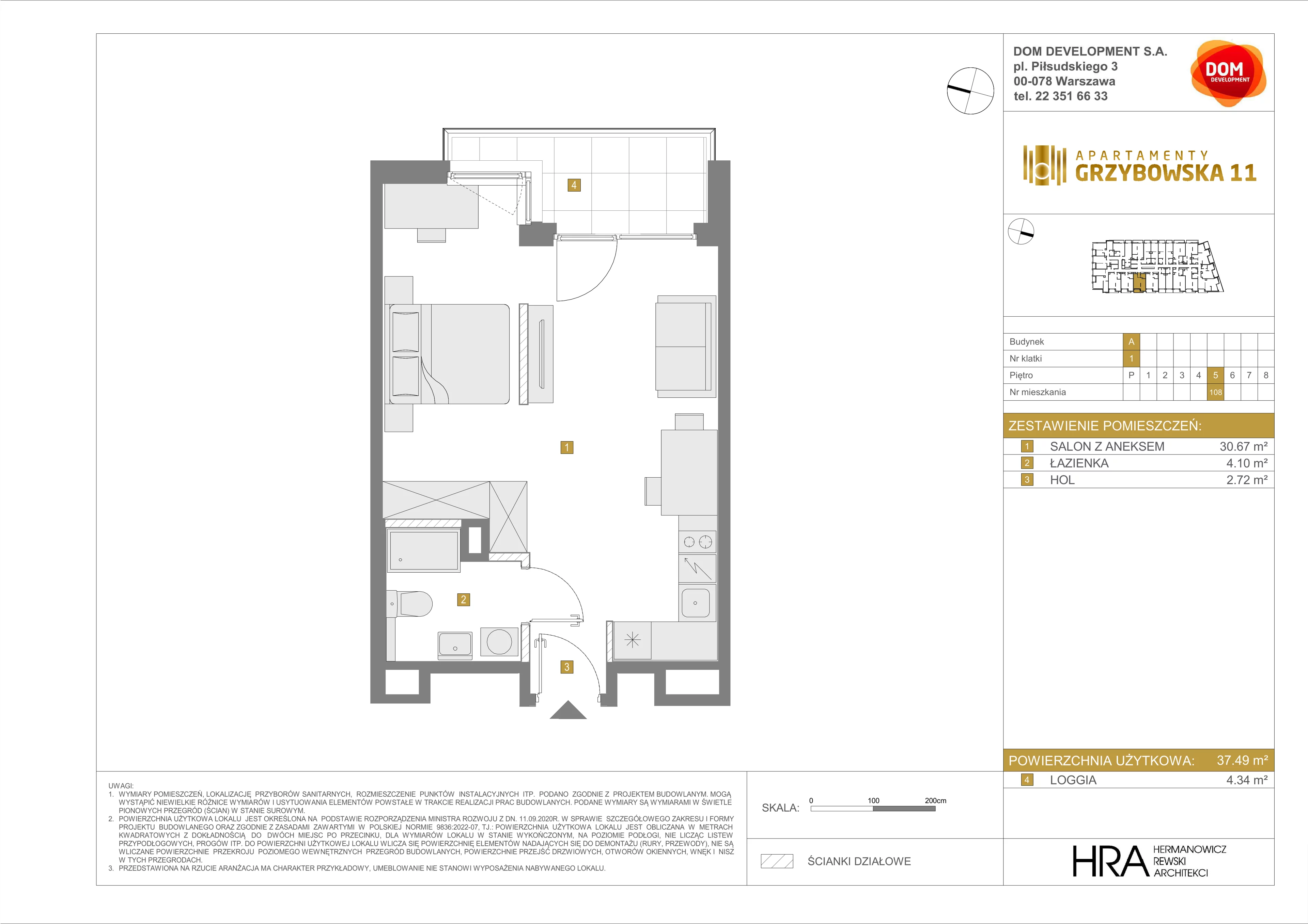 1 pokój, mieszkanie 37,49 m², piętro 5, oferta nr A/108, Apartamenty Grzybowska 11, Warszawa, Śródmieście, Śródmieście Północne, ul. Grzybowska 11