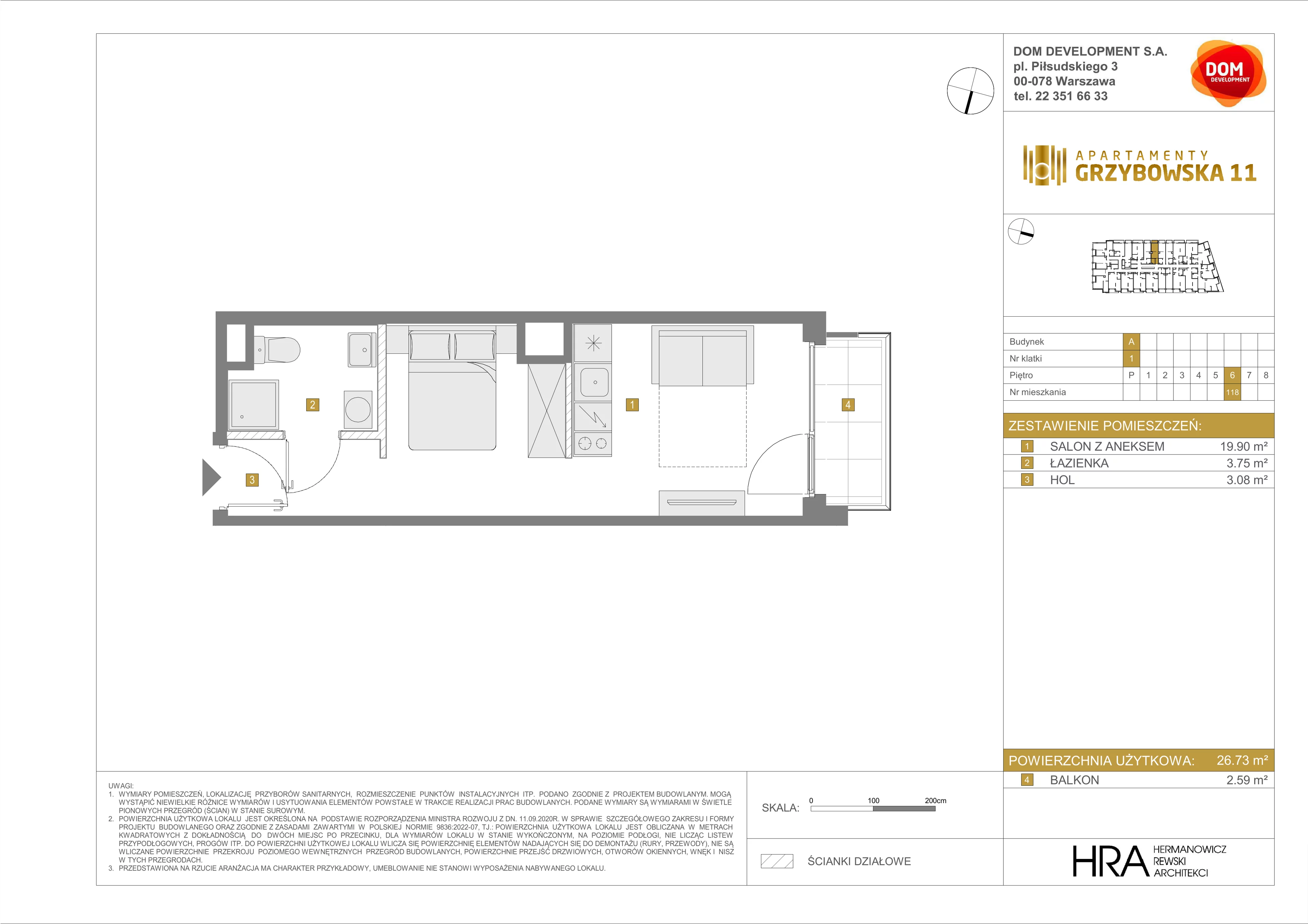 1 pokój, mieszkanie 26,73 m², piętro 6, oferta nr A/118, Apartamenty Grzybowska 11, Warszawa, Śródmieście, Śródmieście Północne, ul. Grzybowska 11