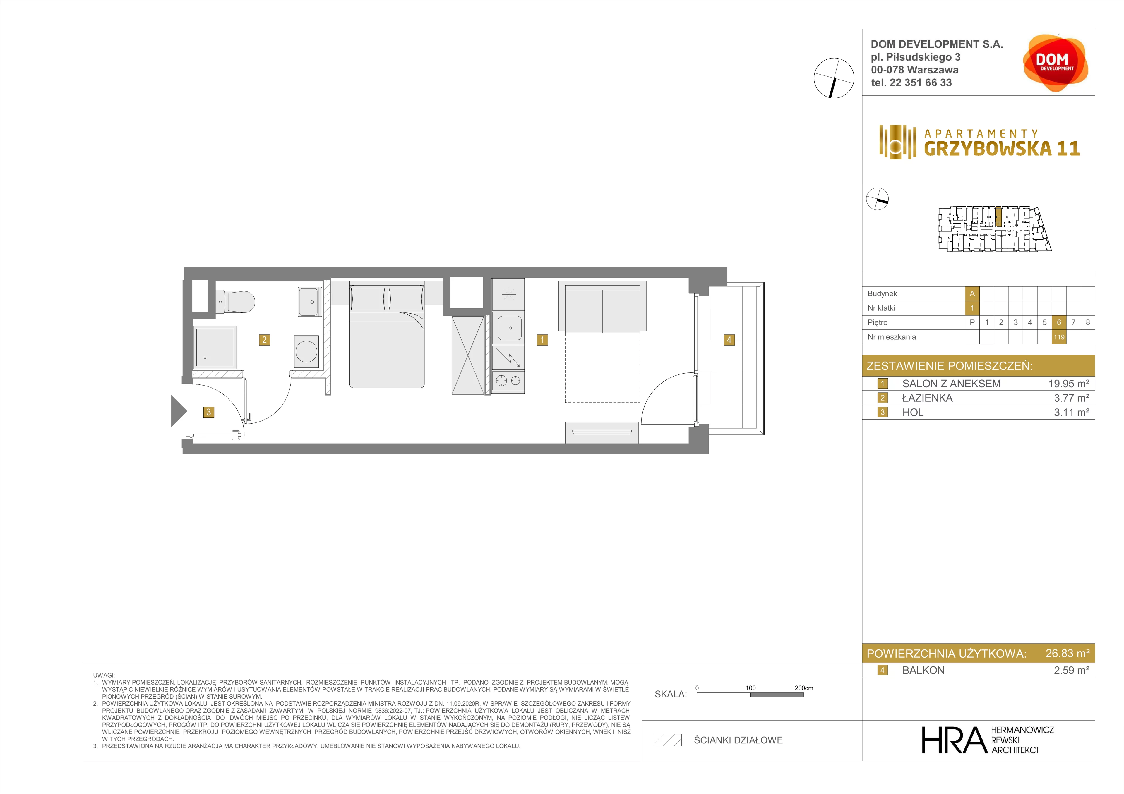 1 pokój, mieszkanie 26,83 m², piętro 6, oferta nr A/119, Apartamenty Grzybowska 11, Warszawa, Śródmieście, Śródmieście Północne, ul. Grzybowska 11