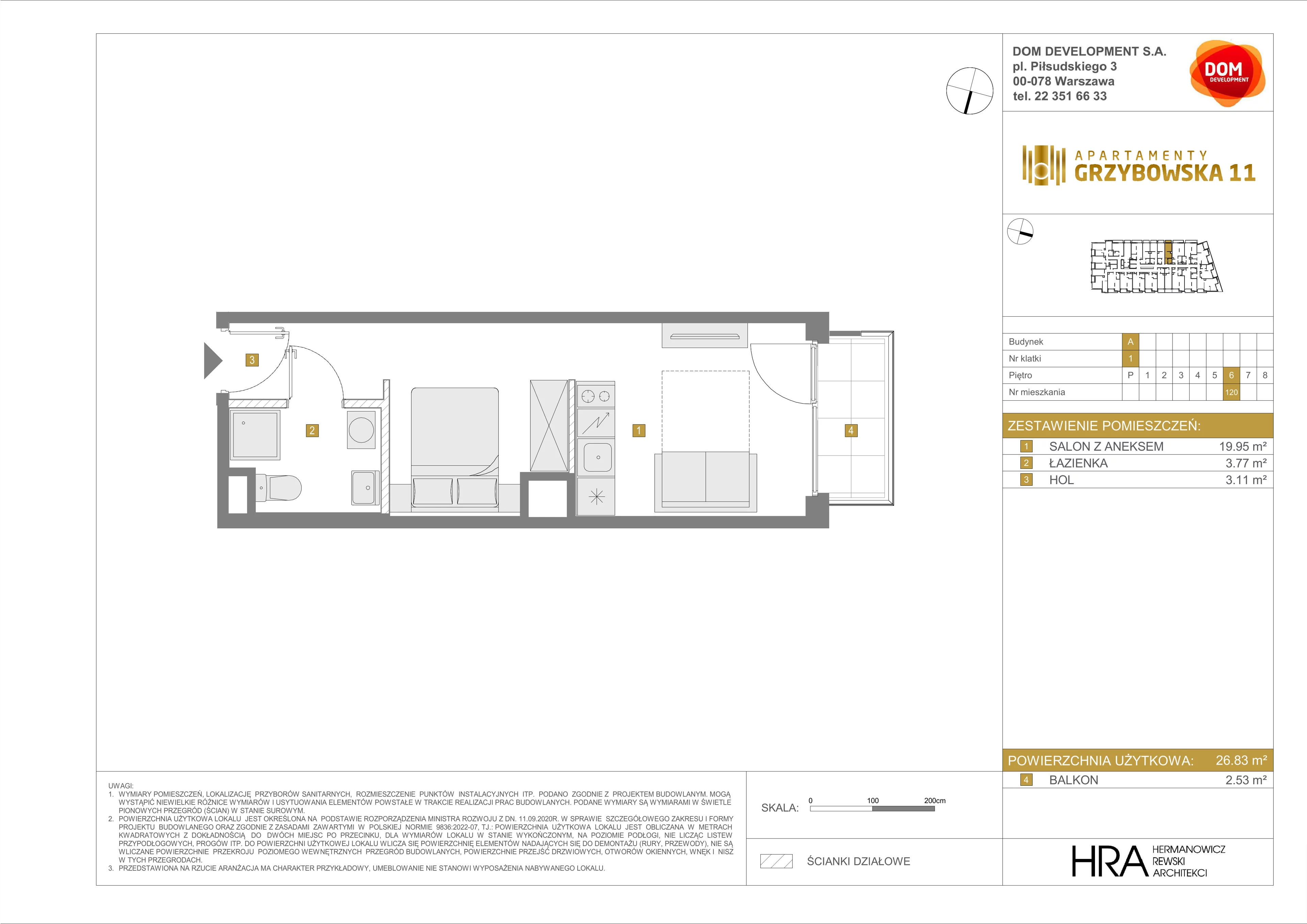 1 pokój, mieszkanie 26,83 m², piętro 6, oferta nr A/120, Apartamenty Grzybowska 11, Warszawa, Śródmieście, Śródmieście Północne, ul. Grzybowska 11