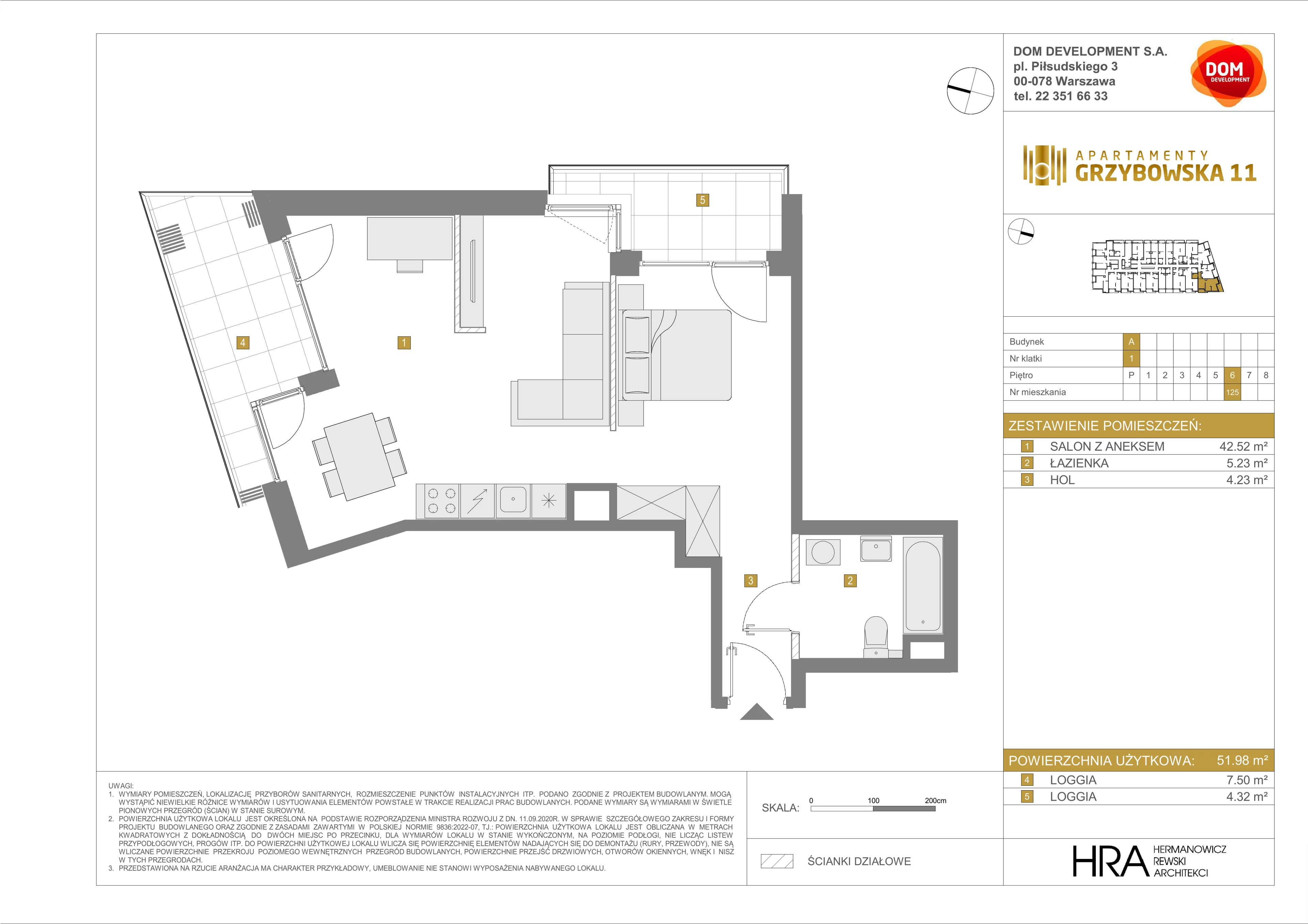 1 pokój, mieszkanie 51,98 m², piętro 6, oferta nr A/125, Apartamenty Grzybowska 11, Warszawa, Śródmieście, Śródmieście Północne, ul. Grzybowska 11
