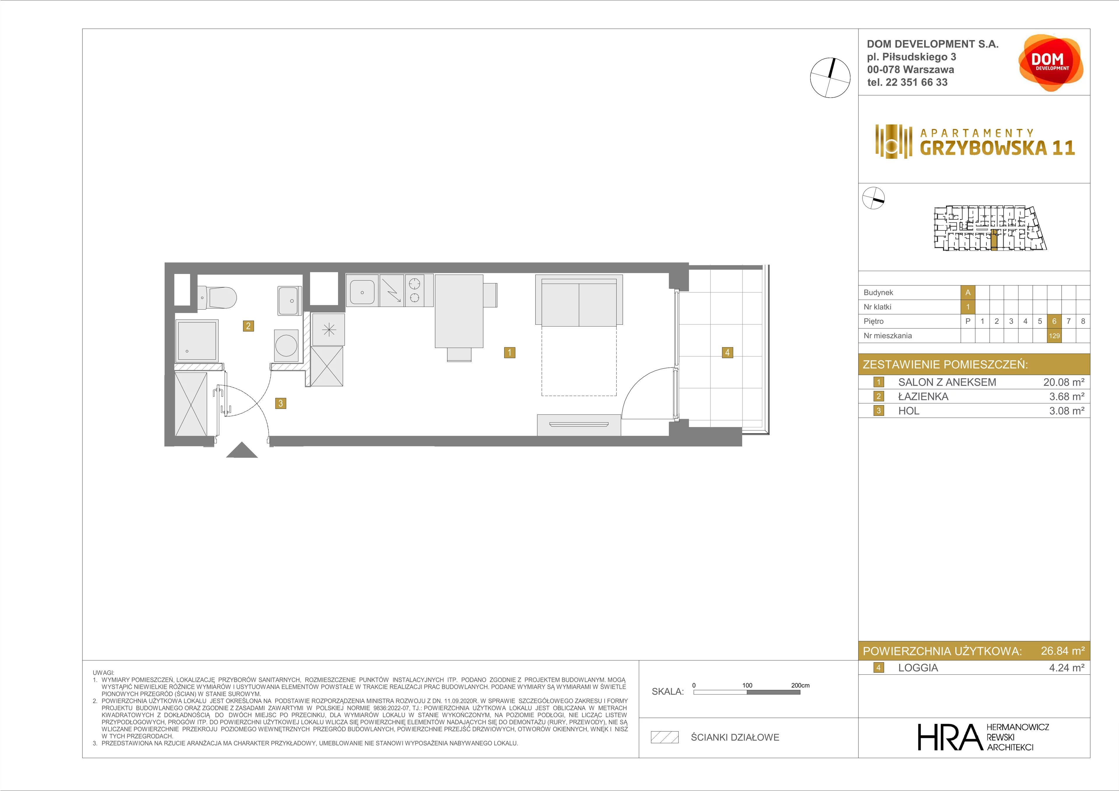 1 pokój, mieszkanie 26,84 m², piętro 6, oferta nr A/129, Apartamenty Grzybowska 11, Warszawa, Śródmieście, Śródmieście Północne, ul. Grzybowska 11