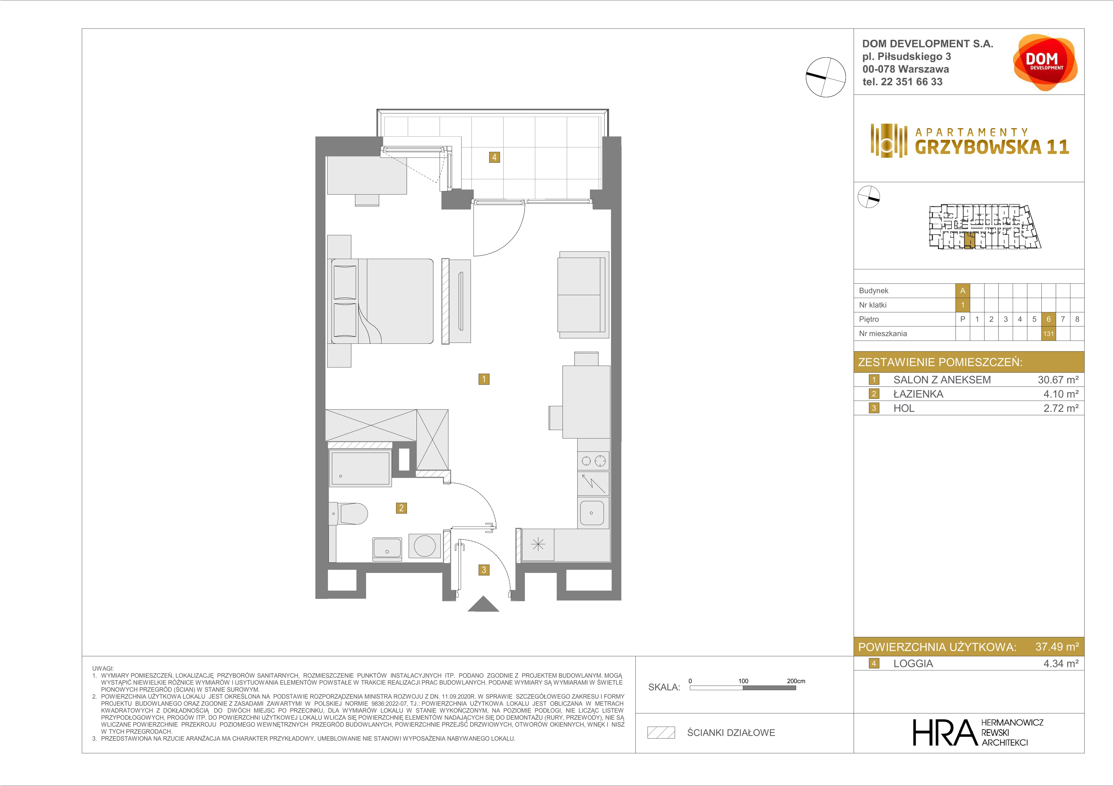 1 pokój, mieszkanie 37,49 m², piętro 6, oferta nr A/131, Apartamenty Grzybowska 11, Warszawa, Śródmieście, Śródmieście Północne, ul. Grzybowska 11