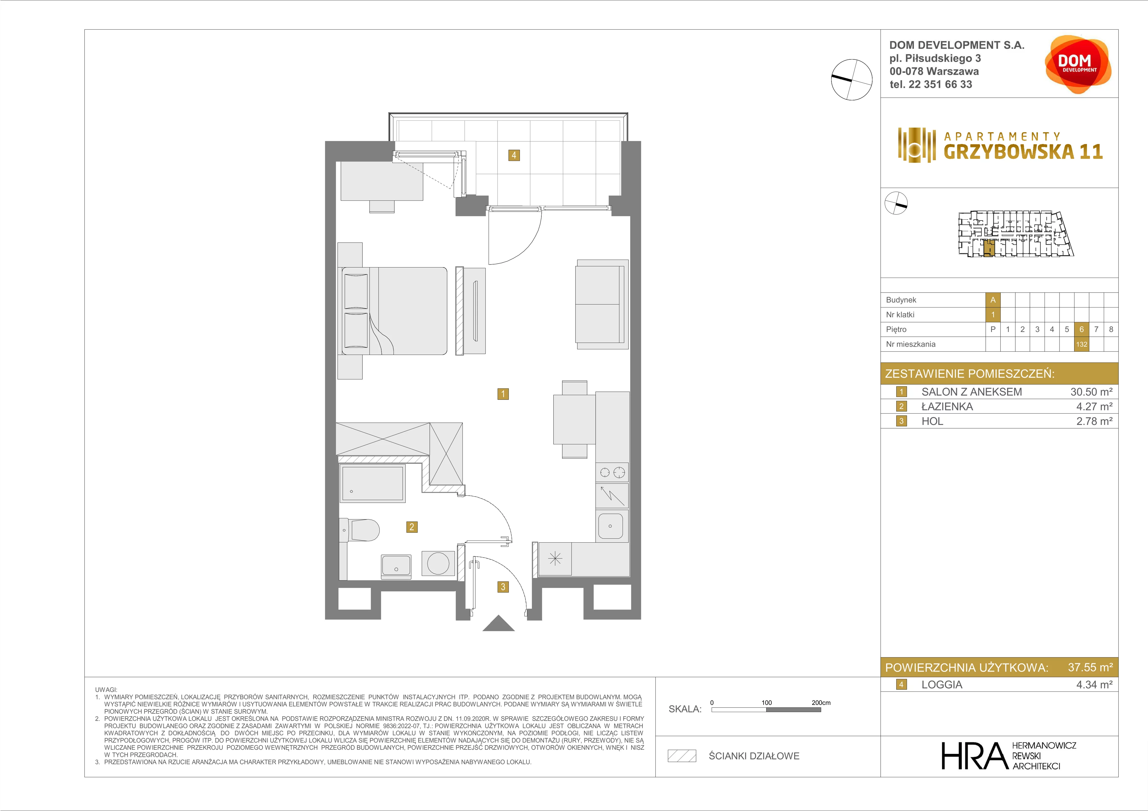 1 pokój, mieszkanie 37,55 m², piętro 6, oferta nr A/132, Apartamenty Grzybowska 11, Warszawa, Śródmieście, Śródmieście Północne, ul. Grzybowska 11
