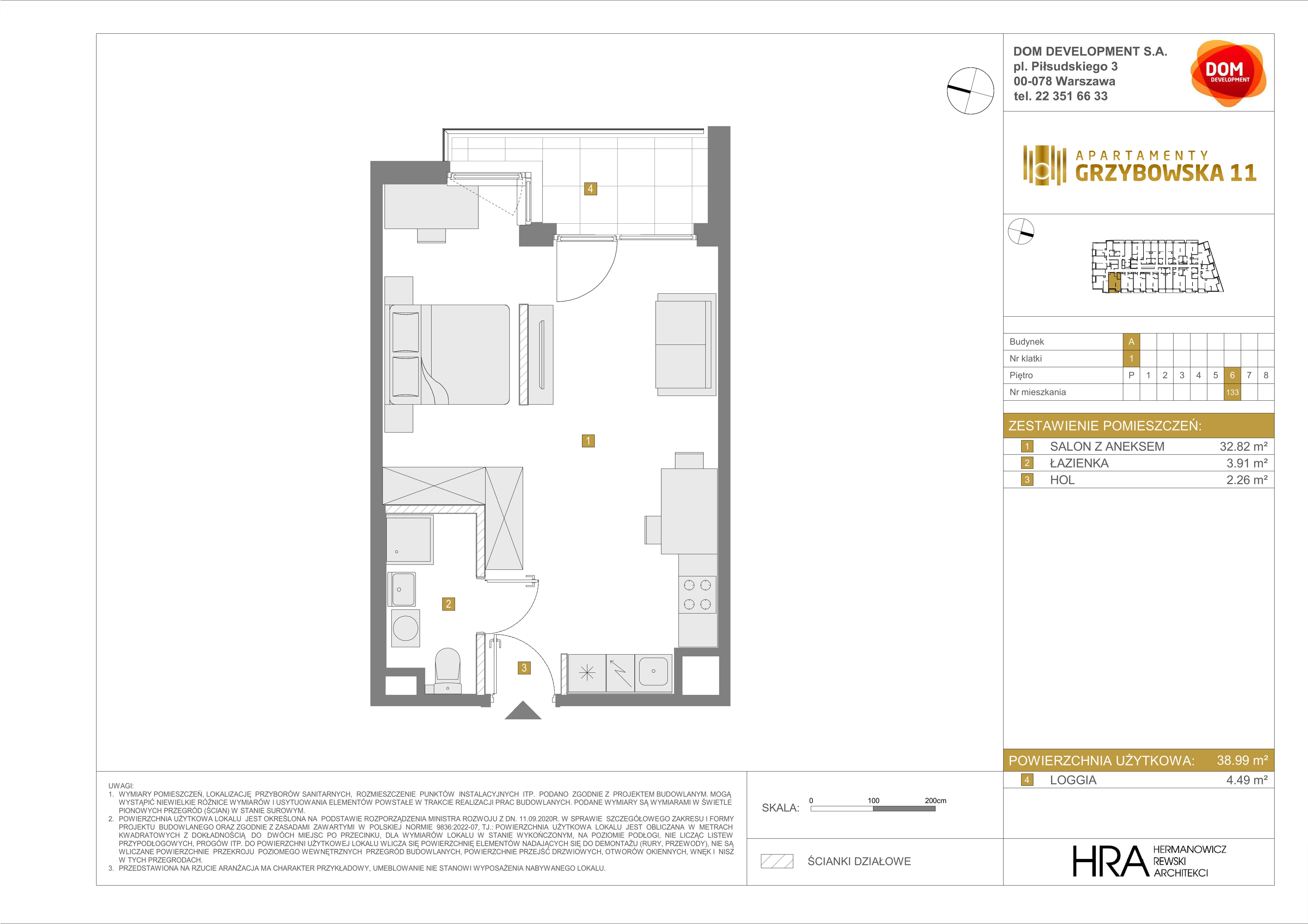 1 pokój, mieszkanie 38,99 m², piętro 6, oferta nr A/133, Apartamenty Grzybowska 11, Warszawa, Śródmieście, Śródmieście Północne, ul. Grzybowska 11