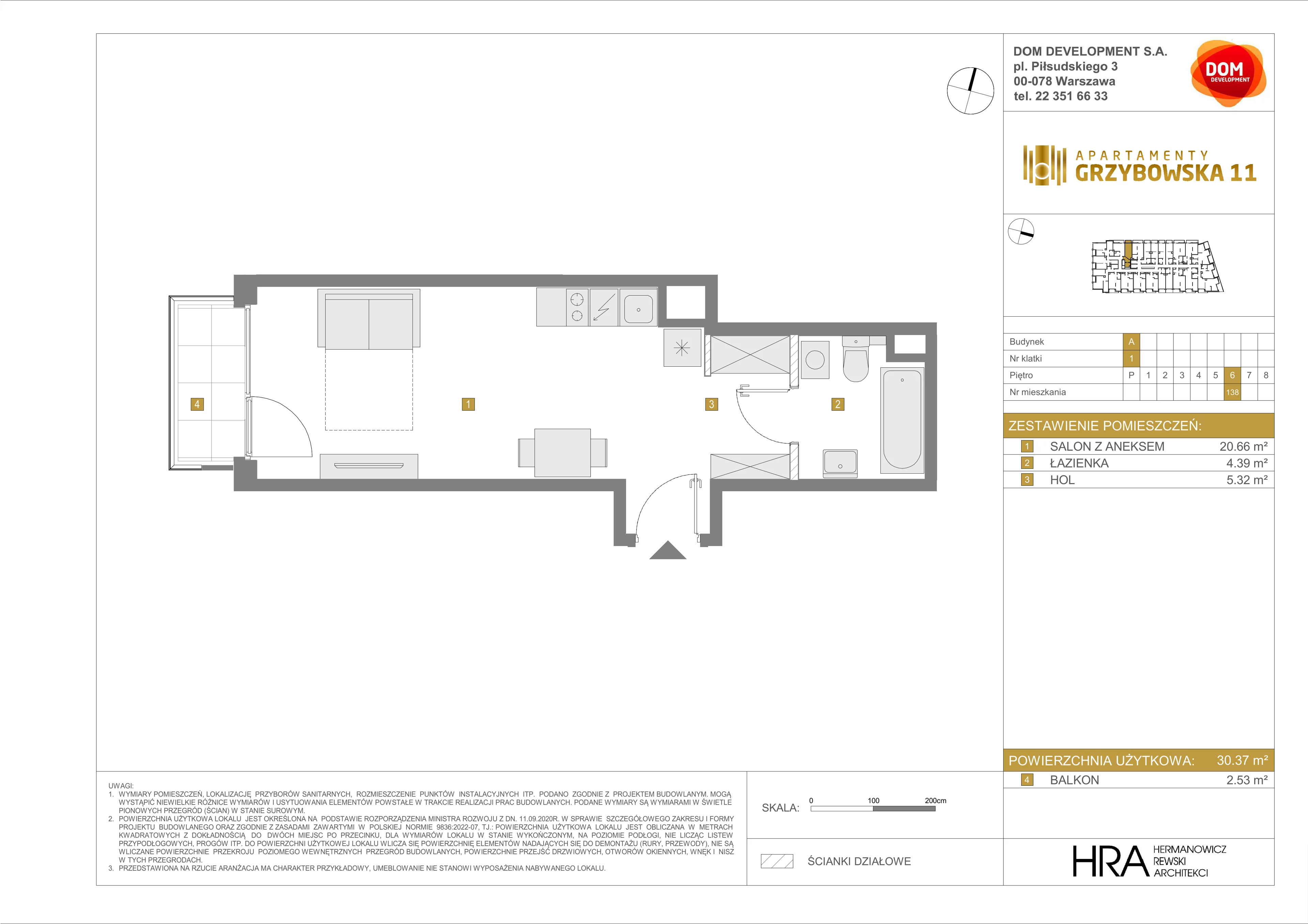1 pokój, mieszkanie 30,37 m², piętro 6, oferta nr A/138, Apartamenty Grzybowska 11, Warszawa, Śródmieście, Śródmieście Północne, ul. Grzybowska 11